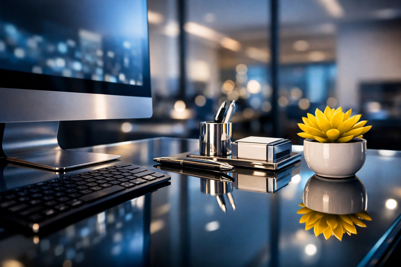 A spotless, dust-free executive workstation in a Burlington office showcasing professional cleaning attention to detail.