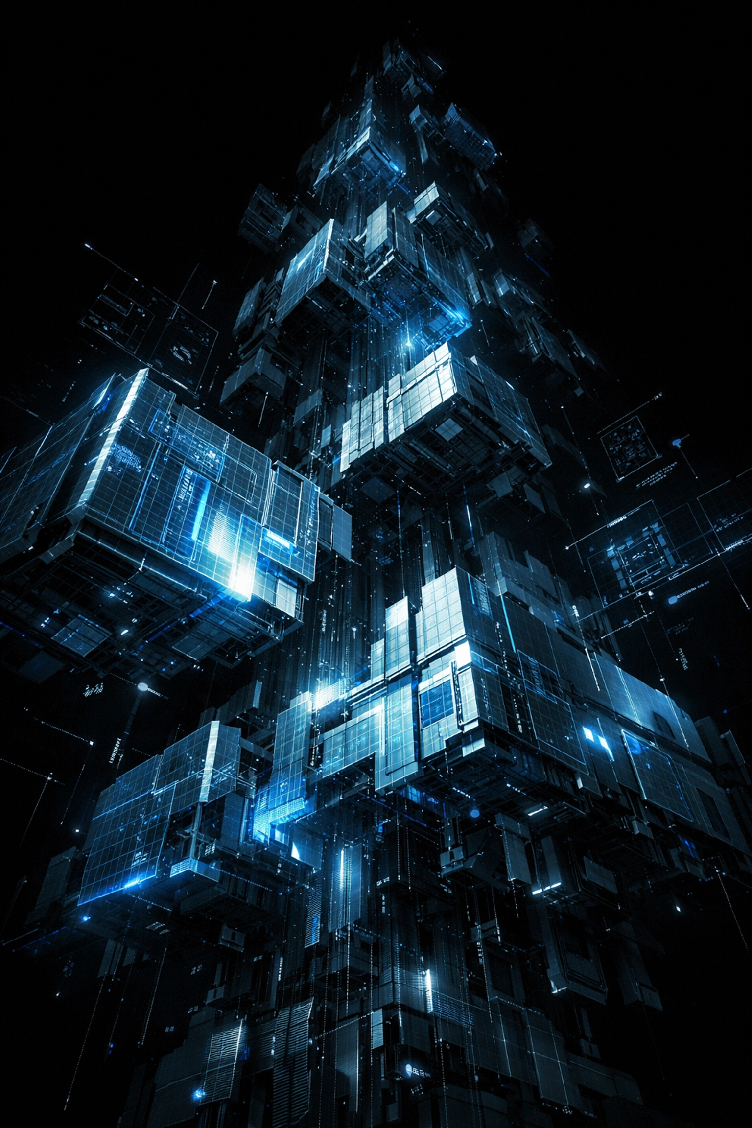 Modular futuristic structure assembling to illustrate scalable custom CRM architecture for growing businesses.