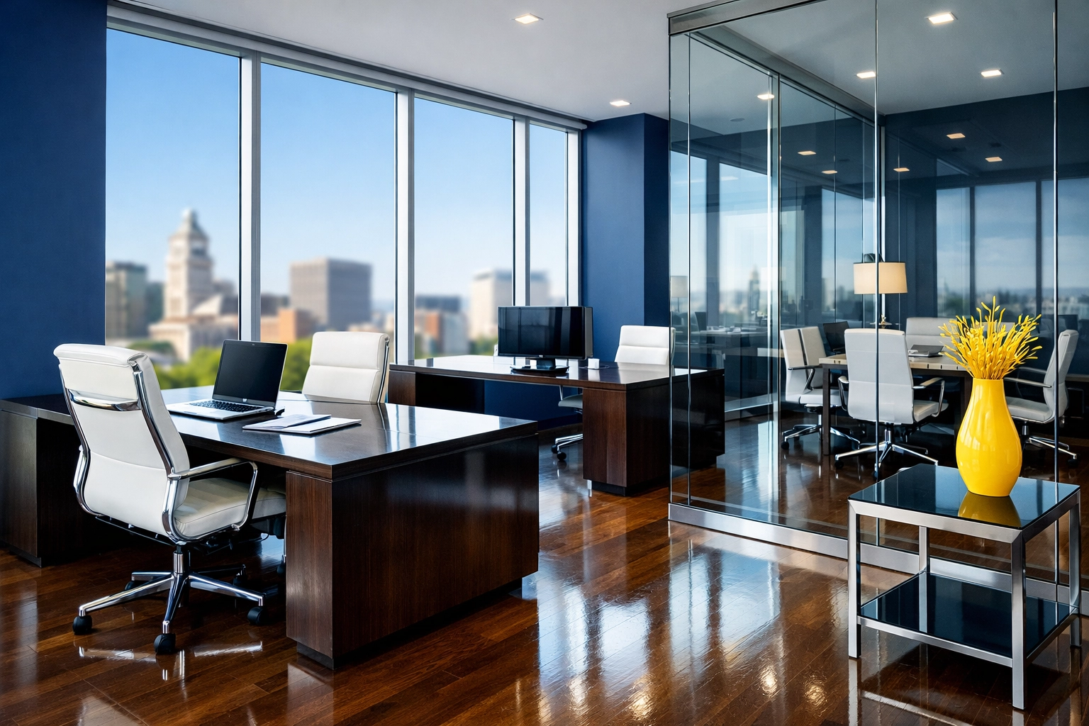 Clean, modern office space in Worcester with polished desks, showing results of professional office cleaning Worcester.