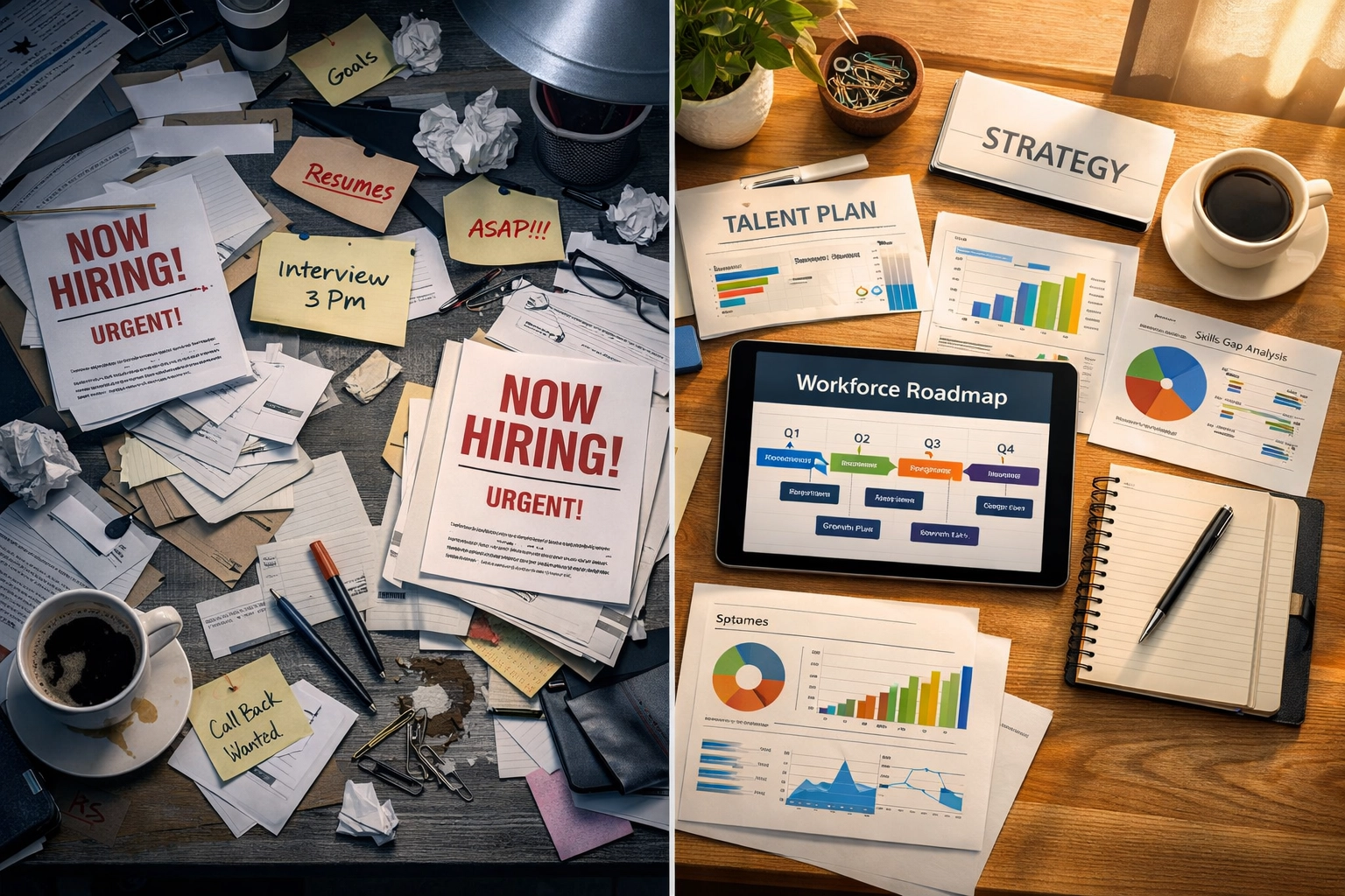 Comparison of reactive hiring chaos versus strategic workforce planning with organized materials