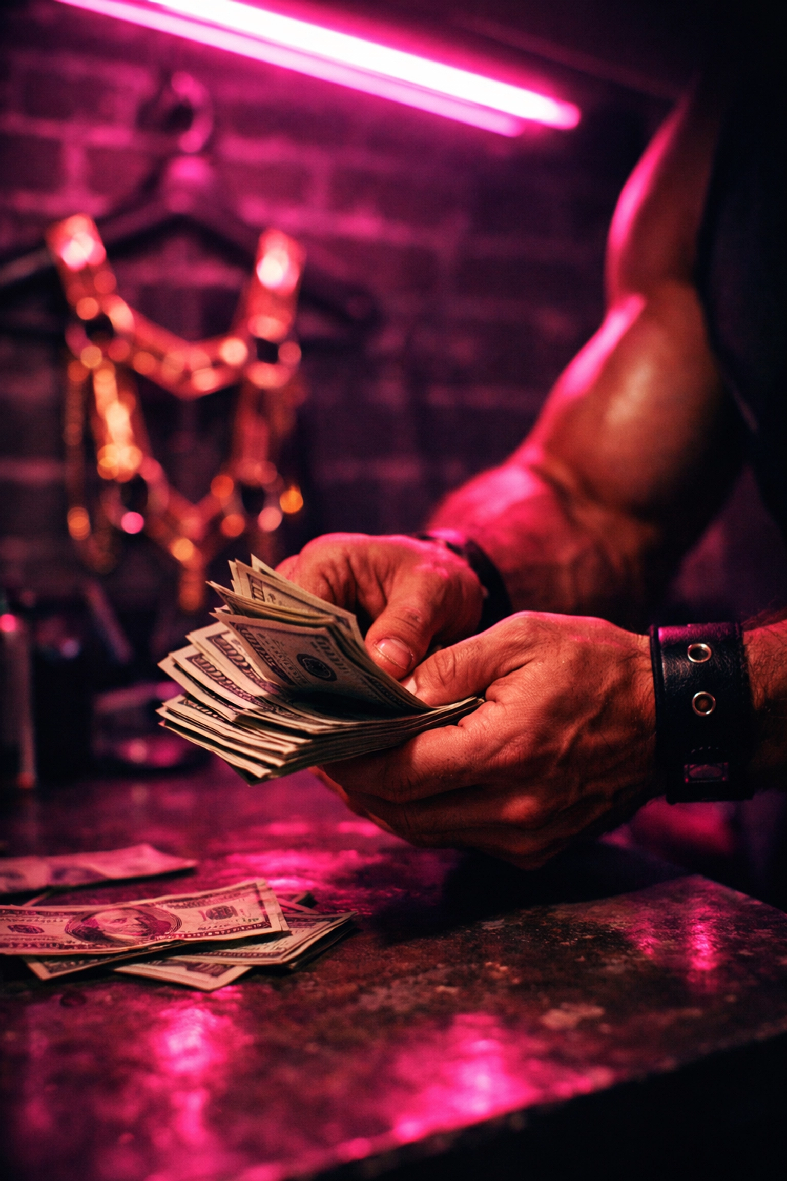 A gogo dancer counting cash in a neon-lit dressing room, illustrating the MM romance hustle trope.