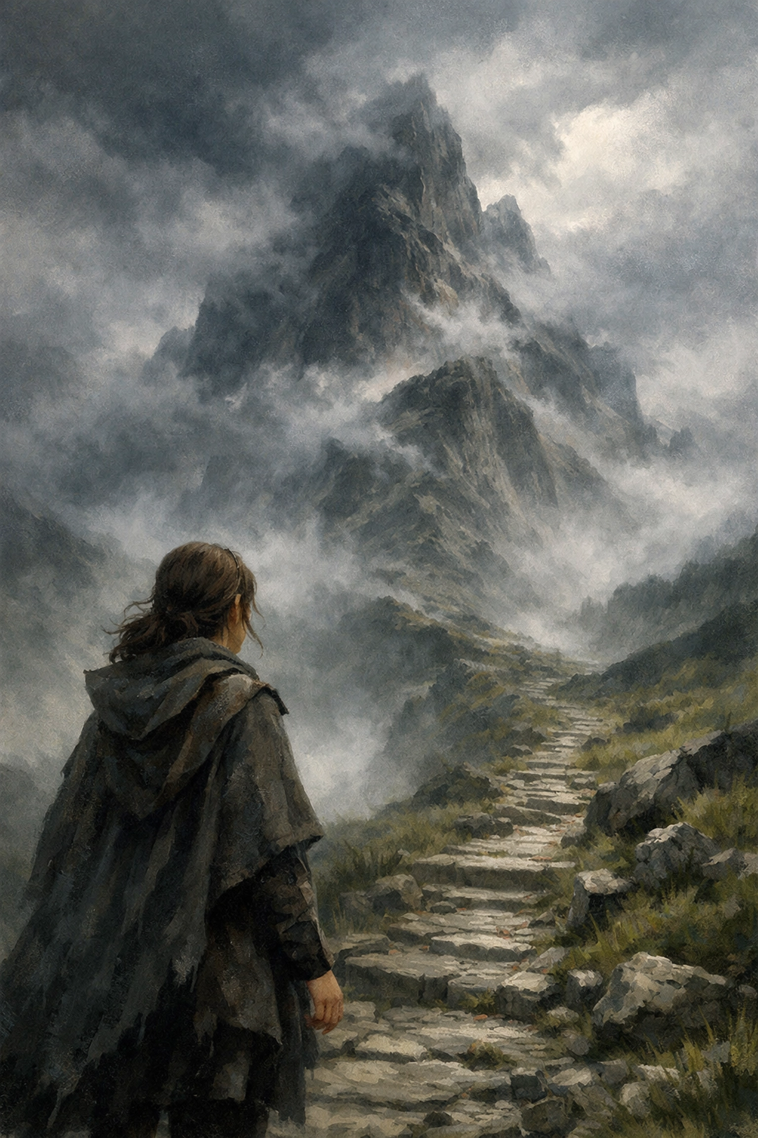 Elena begins her climb to the High Pass, facing the misty mountain trail ahead