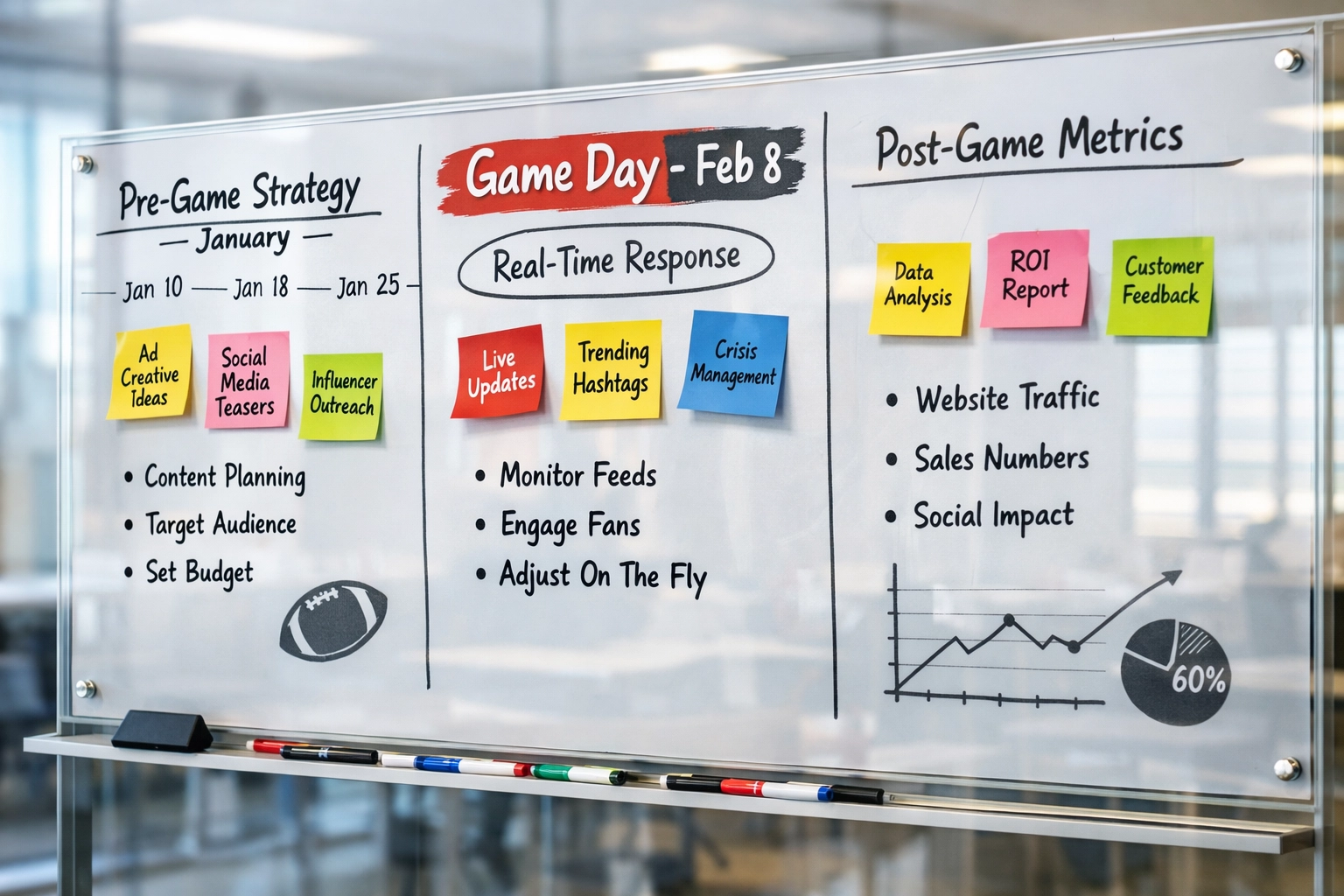 Three-phase Super Bowl campaign timeline showing pre-game, game day, and post-game strategy phases