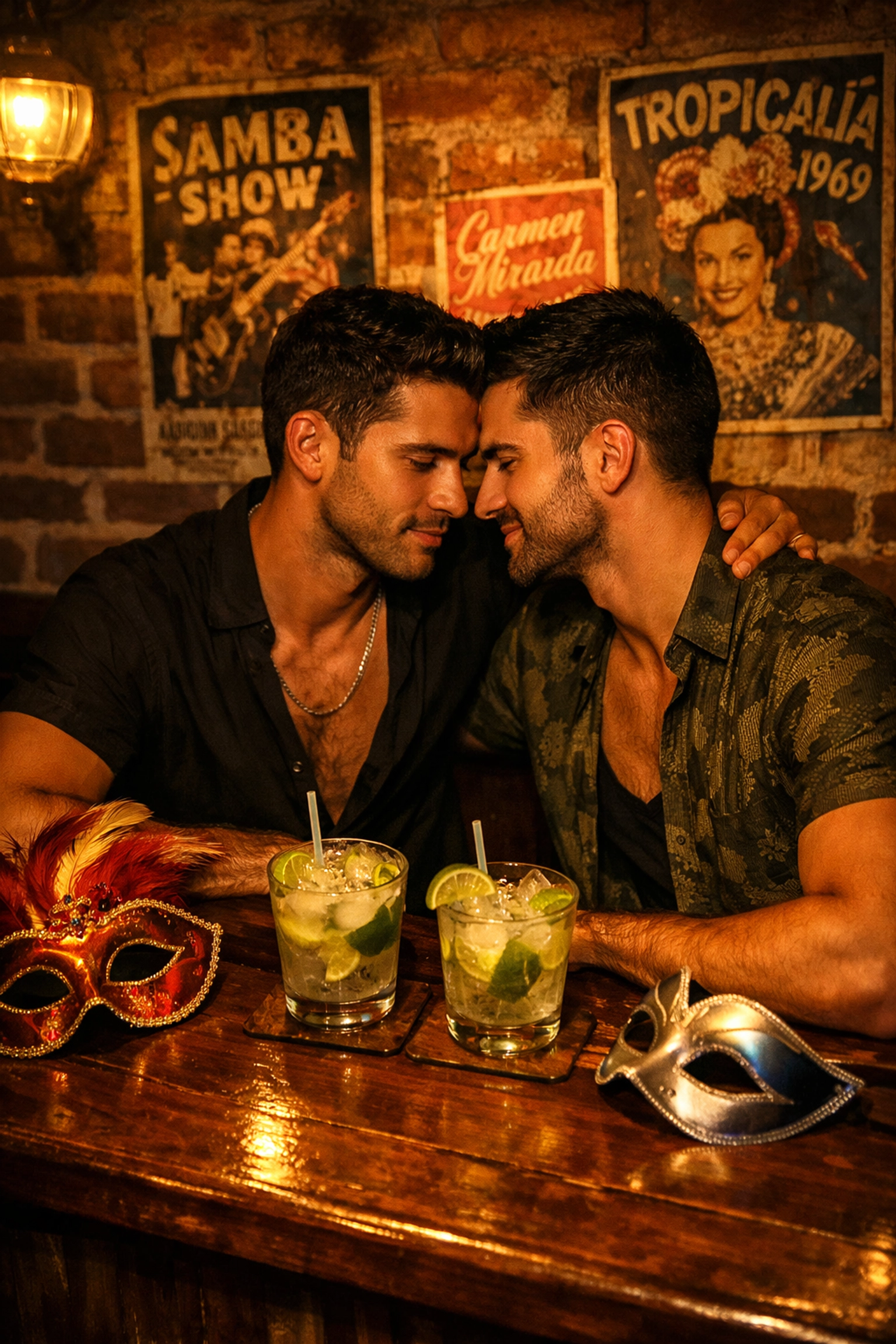 Gay couple removing masks over caipirinhas at intimate Brazilian bar during Carnival night