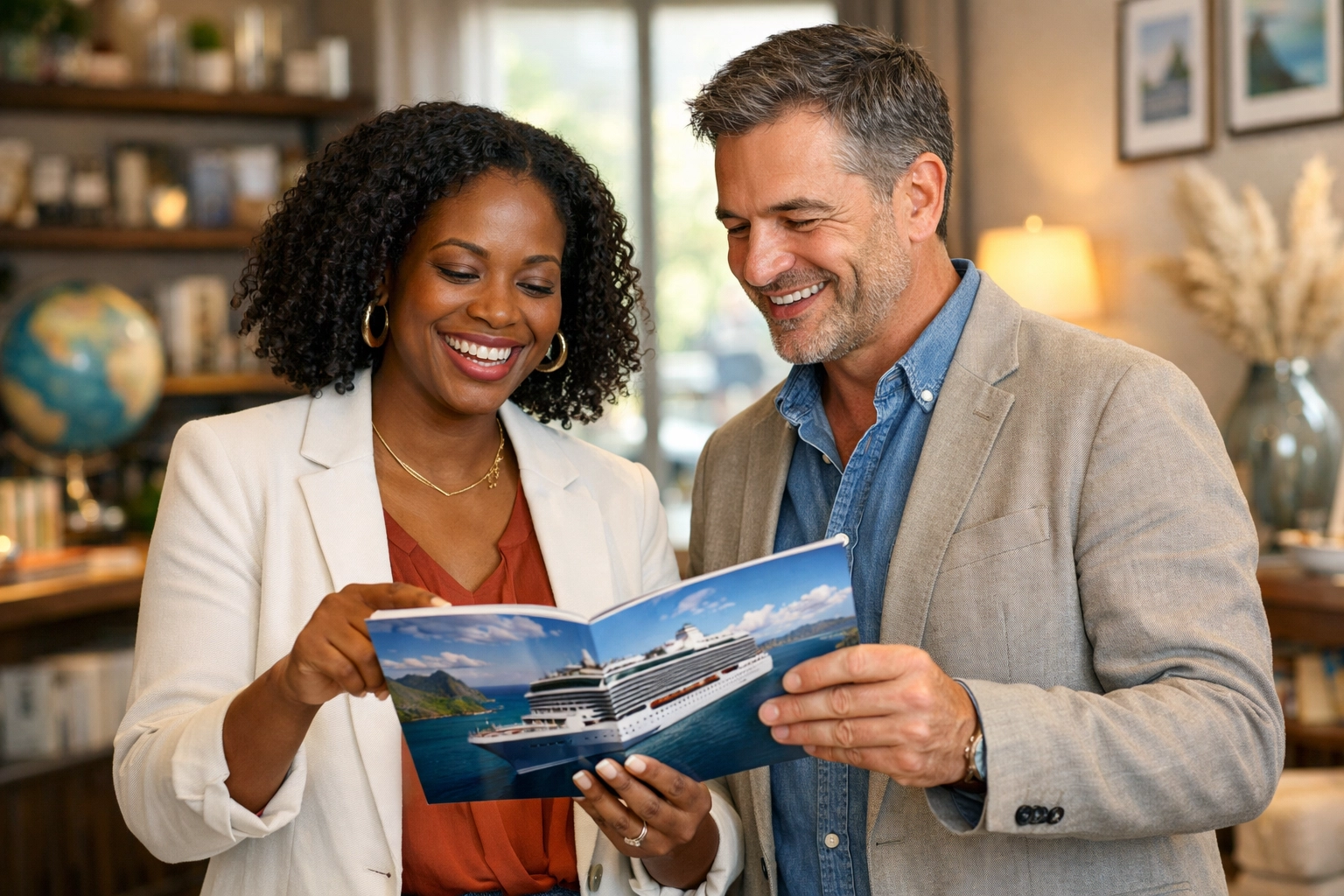A travel professional discussing exclusive cruise deals with a business partner for their travel planning service.