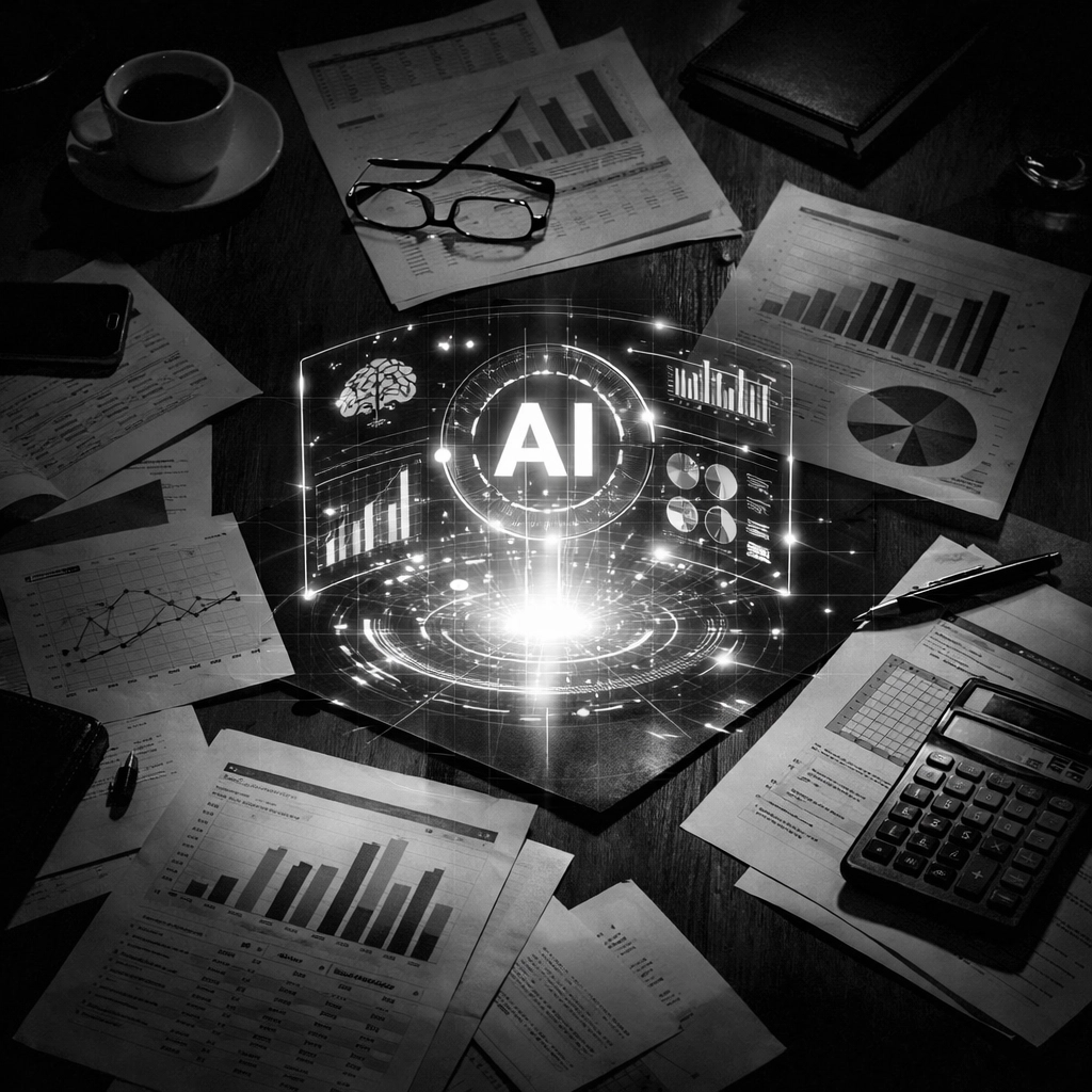AI interface projection over financial reports showing trust versus verification gap in leadership
