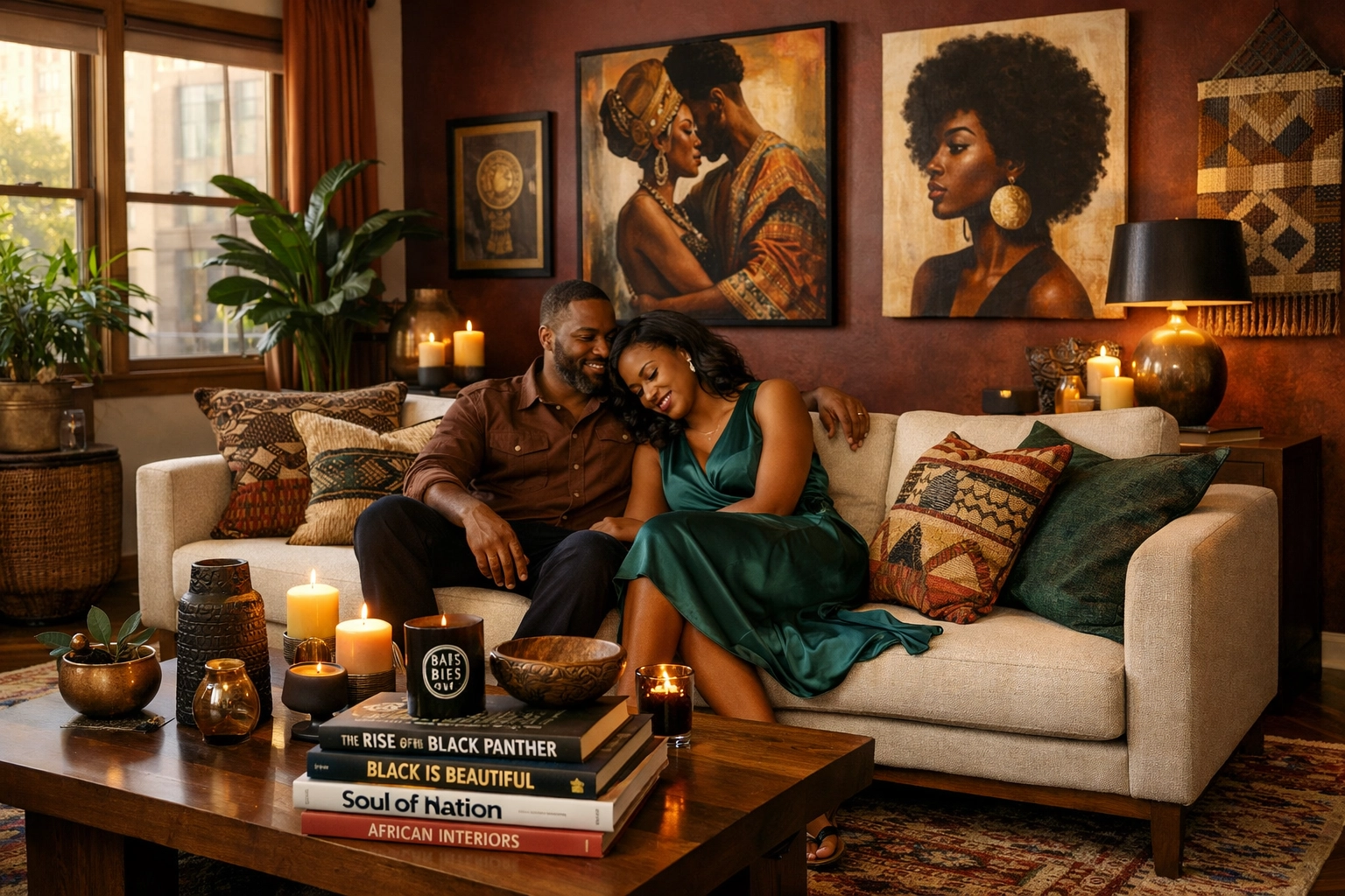Stylish living room featuring Black cultural art, African textiles, and Black-owned home decor