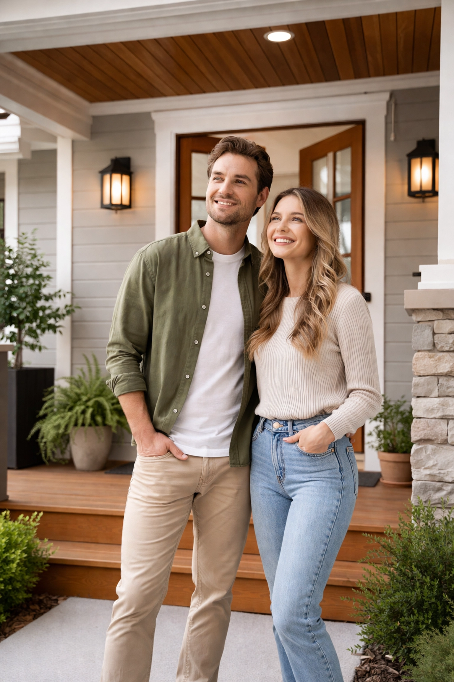 Young couple on porch of a Chattanooga craftsman home, illustrating confident decision-making for local homebuyers.