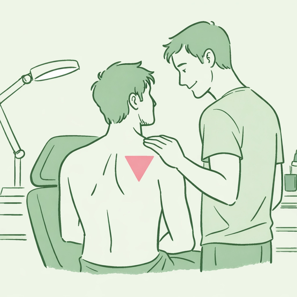 Gay couple in tattoo studio, man showing pink triangle tattoo symbolizing LGBTQ+ pride and identity