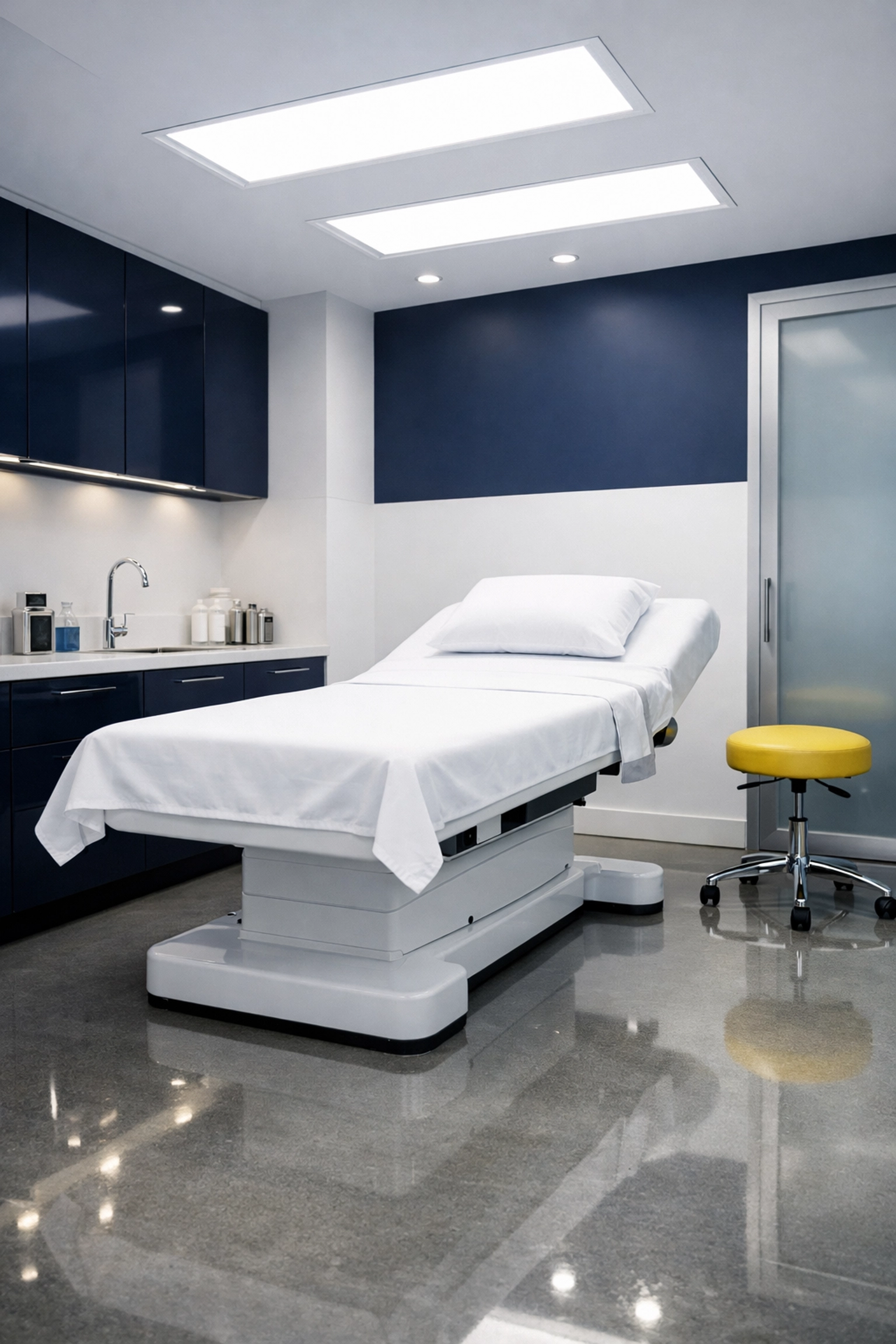 Sterile medical exam room with a white table reflecting high-end medical office cleaning standards.