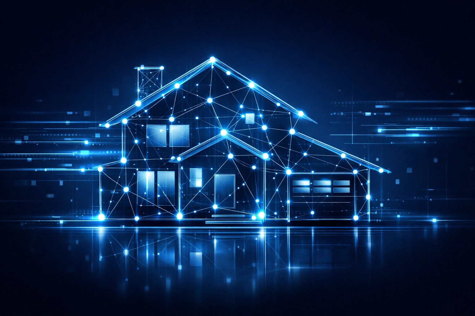 Interconnected data nodes forming a home shape to represent AI real estate seller intelligence.