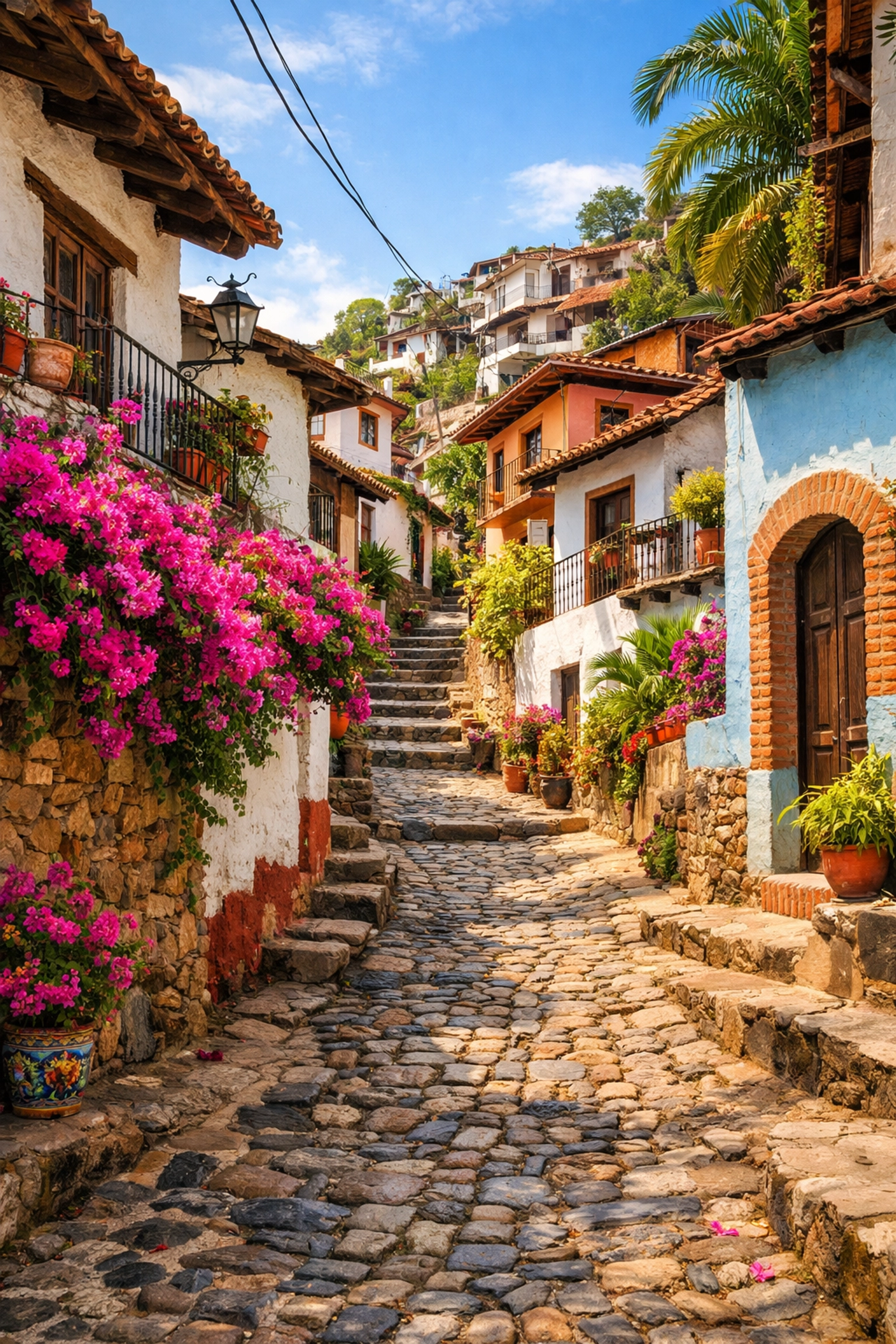 Cobblestone streets and red-tiled roofs in Gringo Gulch hillside neighborhood Puerto Vallarta
