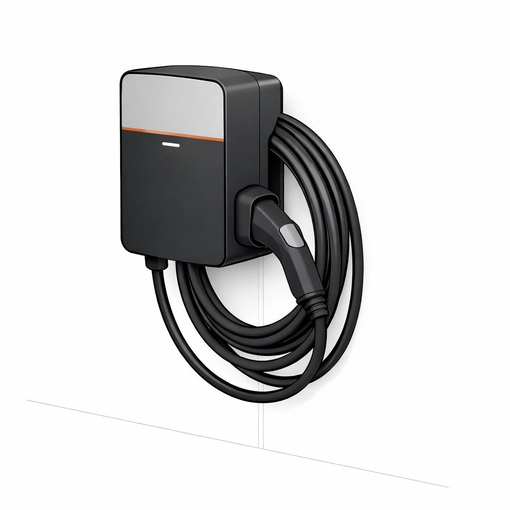 Professionell installierte E-Auto Wallbox an einer Wand mit ordentlich aufgewickeltem Ladekabel.