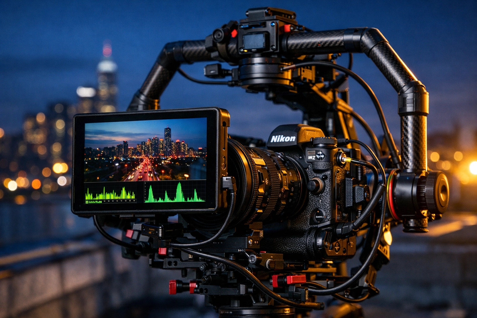High-end Nikon Z9 video rig with a monitor, part of the latest camera gear and software updates for pros.