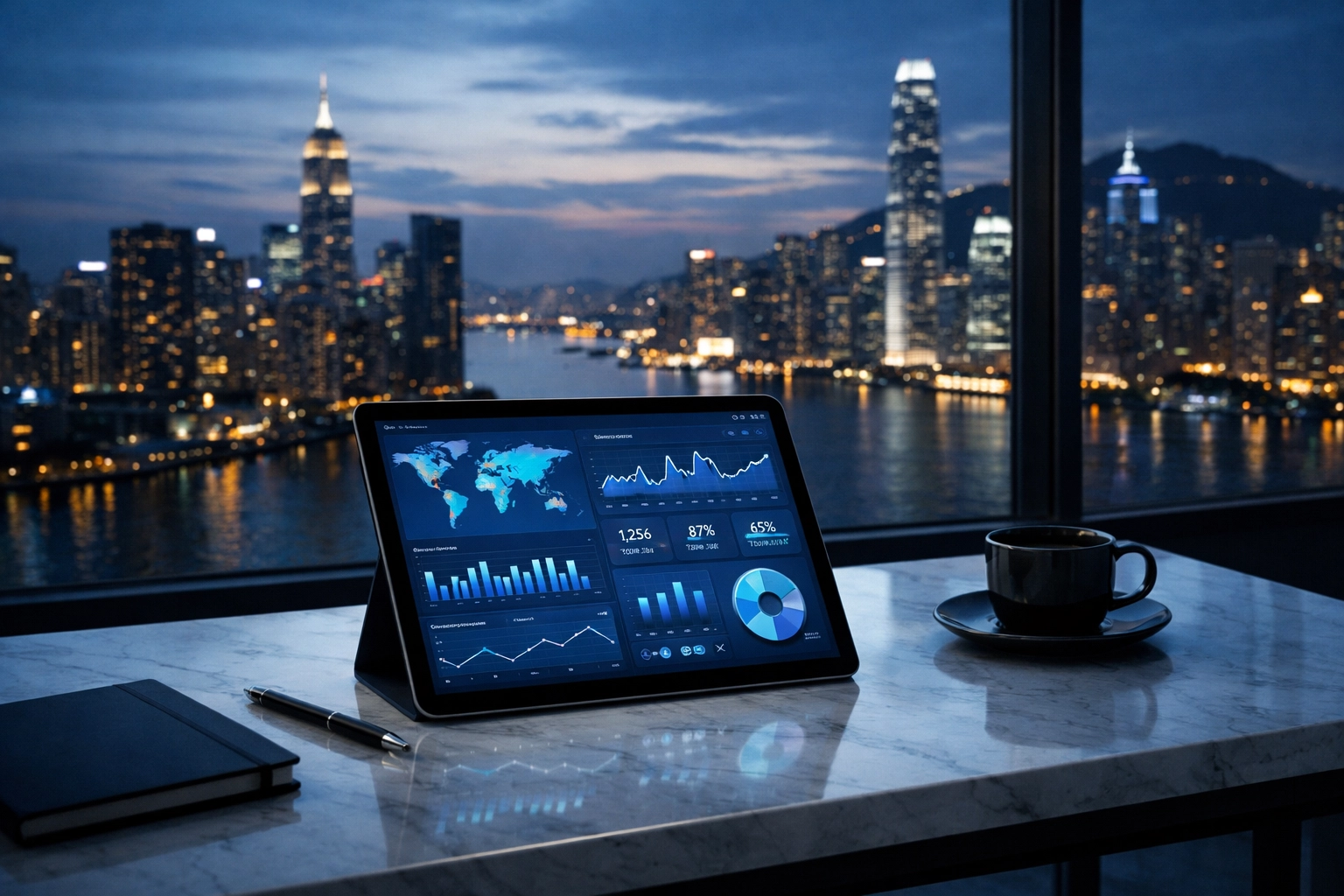 Digital tablet showing real-time DOOH analytics and performance data on a modern office desk.