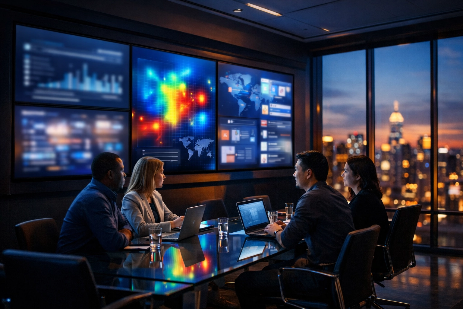 Strategic digital media team analyzing data for multi-platform brand omnipresence and authority.