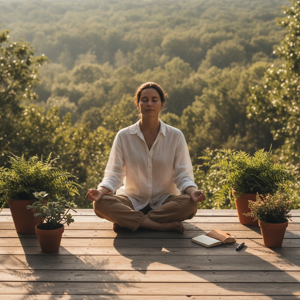 Woman in white shirt meditating outdoors on wooden deck, surrounded by potted plants. Forested background creates a peaceful mood.