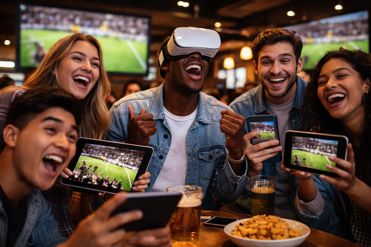 Young sports fans watch a live event using VR headsets, tablets, and smartphones in a sports bar, highlighting multi-device viewing trends and fan engagement.