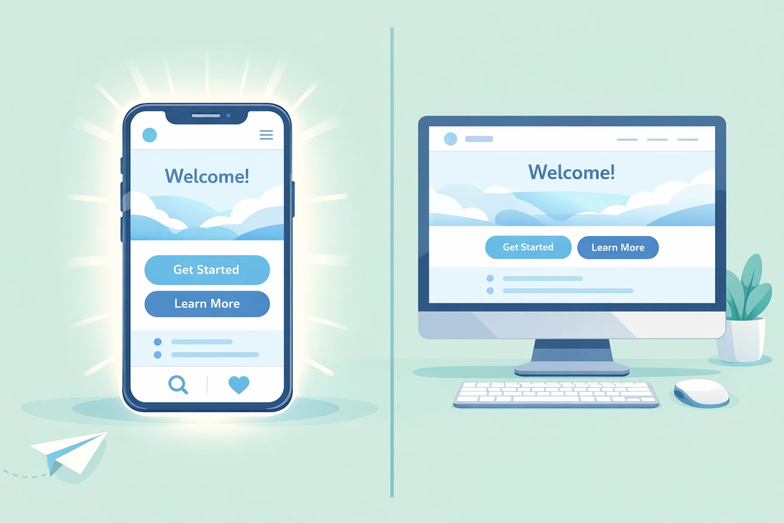 Mobile-first website design comparison showing smartphone and desktop screens side by side
