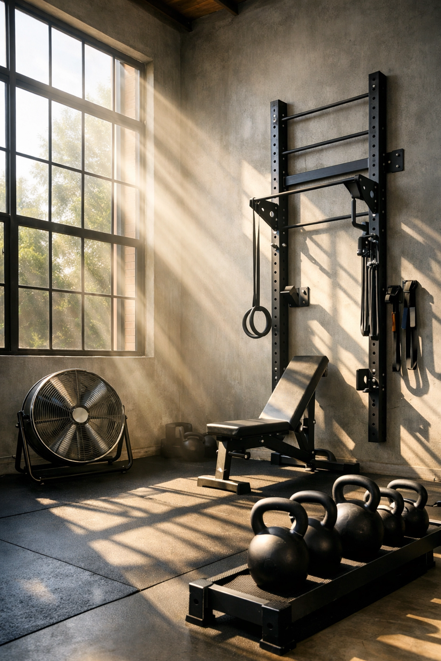 A bright, well-ventilated versatile home gym featuring a vertical training rail.