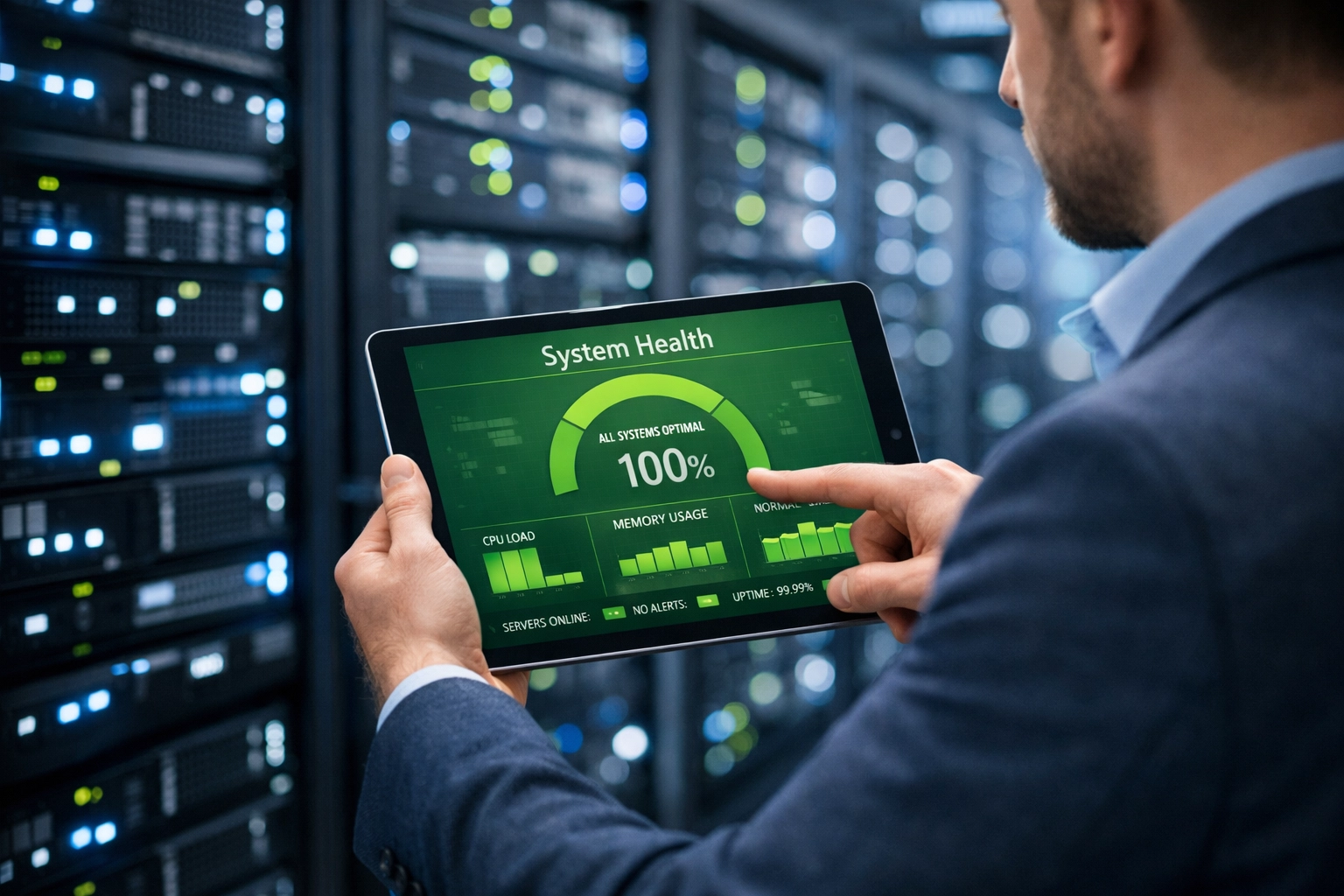IT architect monitoring real-time ITOM system health and ITAM assets in a modern data center.