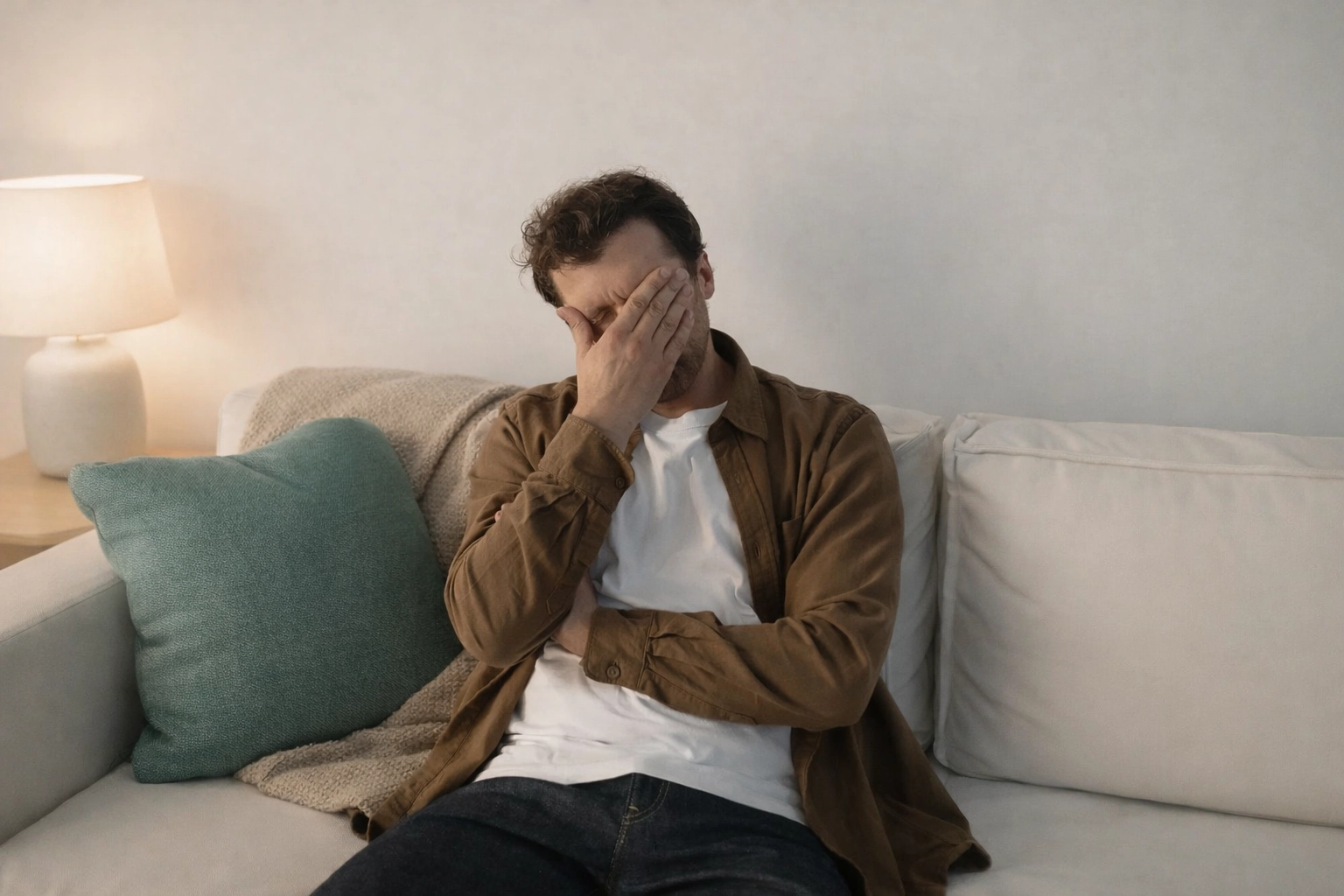Neurodivergent adult overwhelmed and covering their face while sitting on a couch