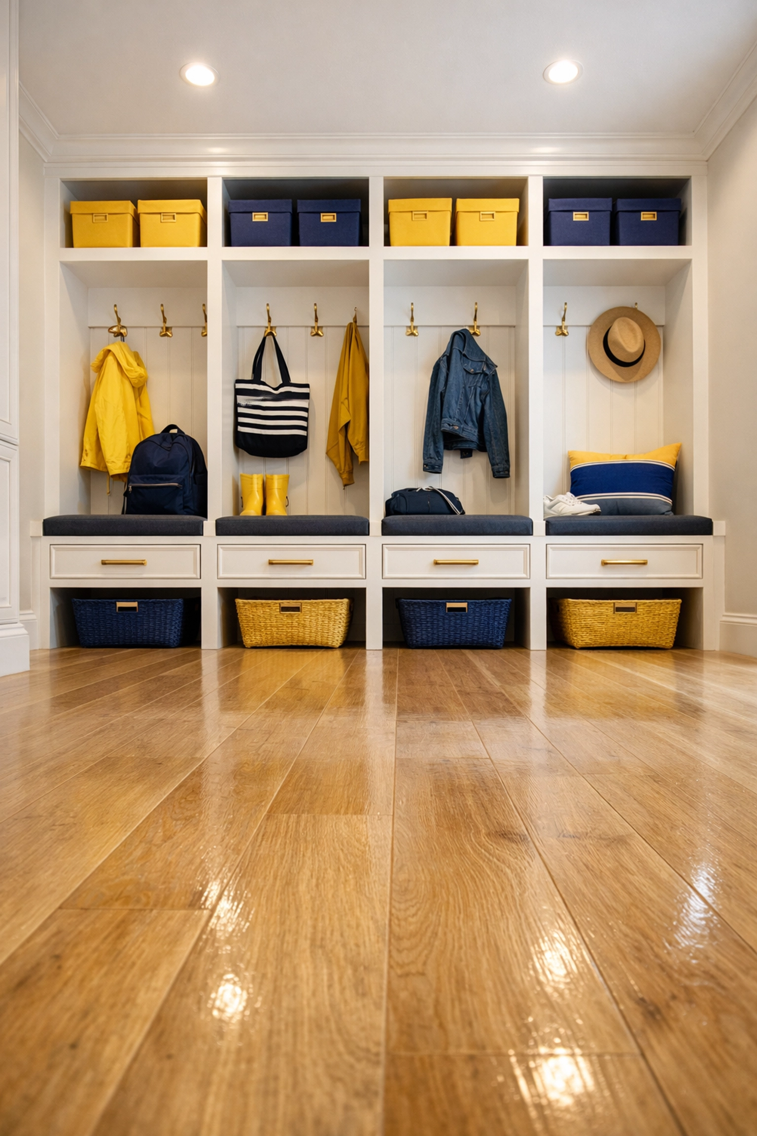 Clean mudroom storage with white cabinets and luxury vinyl plank flooring in a Massachusetts home.