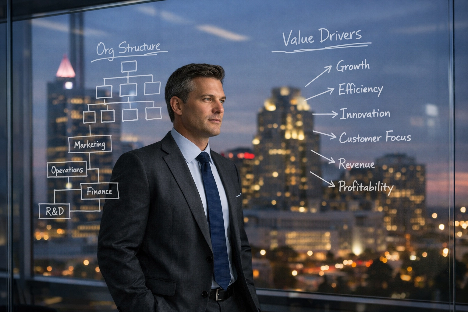 Business owner analyzing value drivers and organizational charts for a Raleigh small business sale.