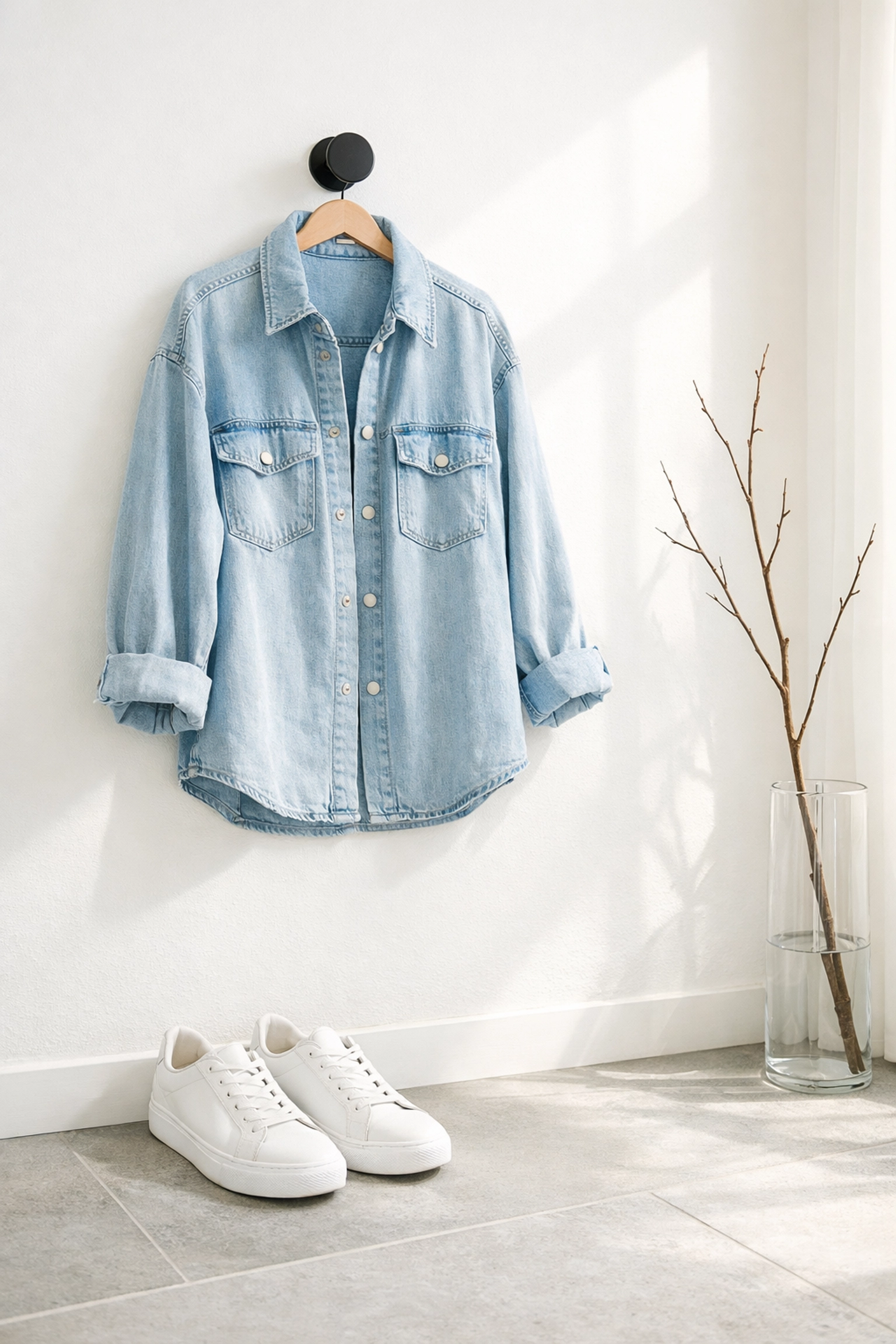 Modern denim shacket hanging in a bright entryway, representing a versatile spring 2026 outerwear essential.
