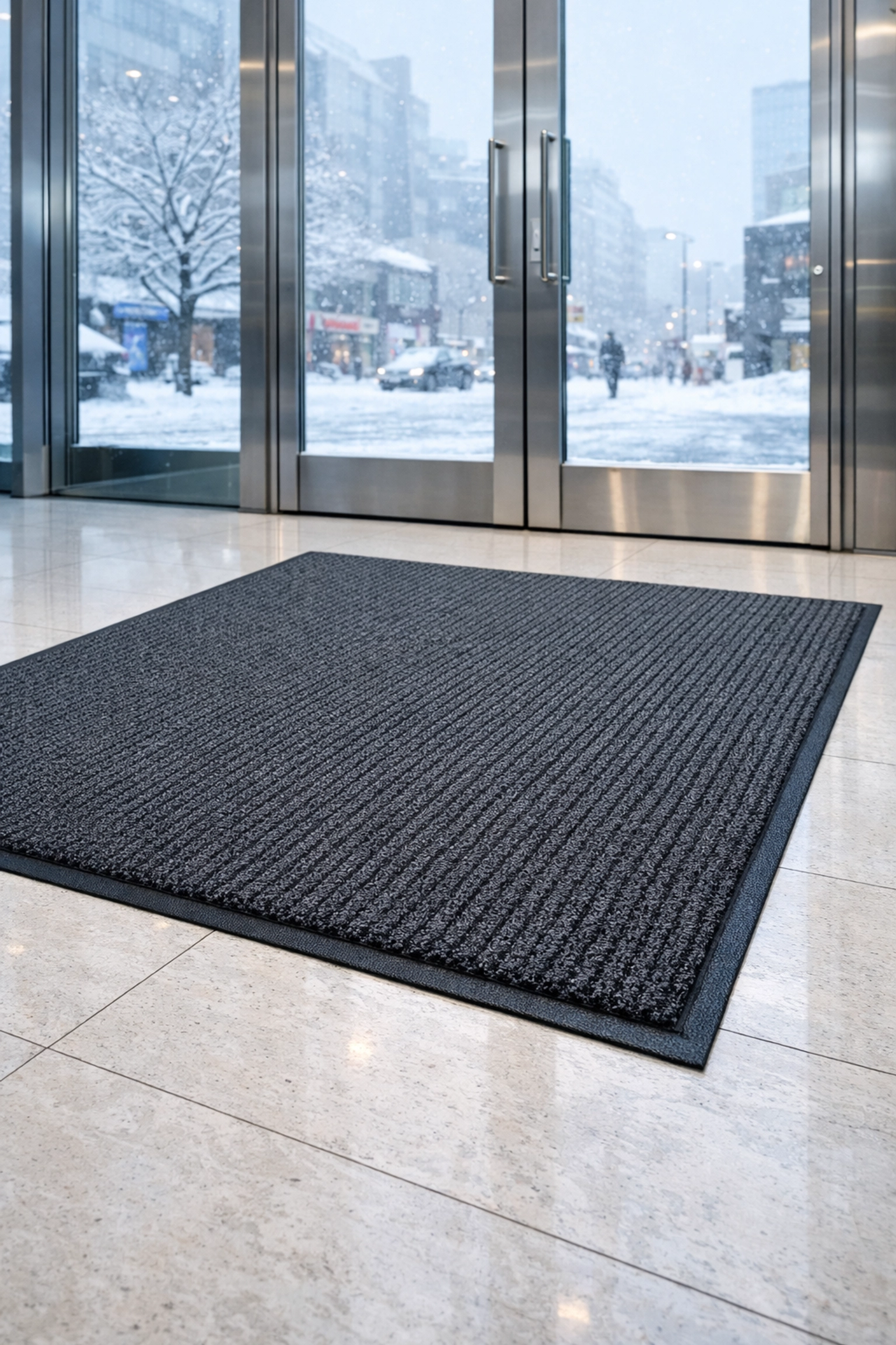 Clean commercial building entrance with a heavy-duty mat protecting floors from winter salt and slush.