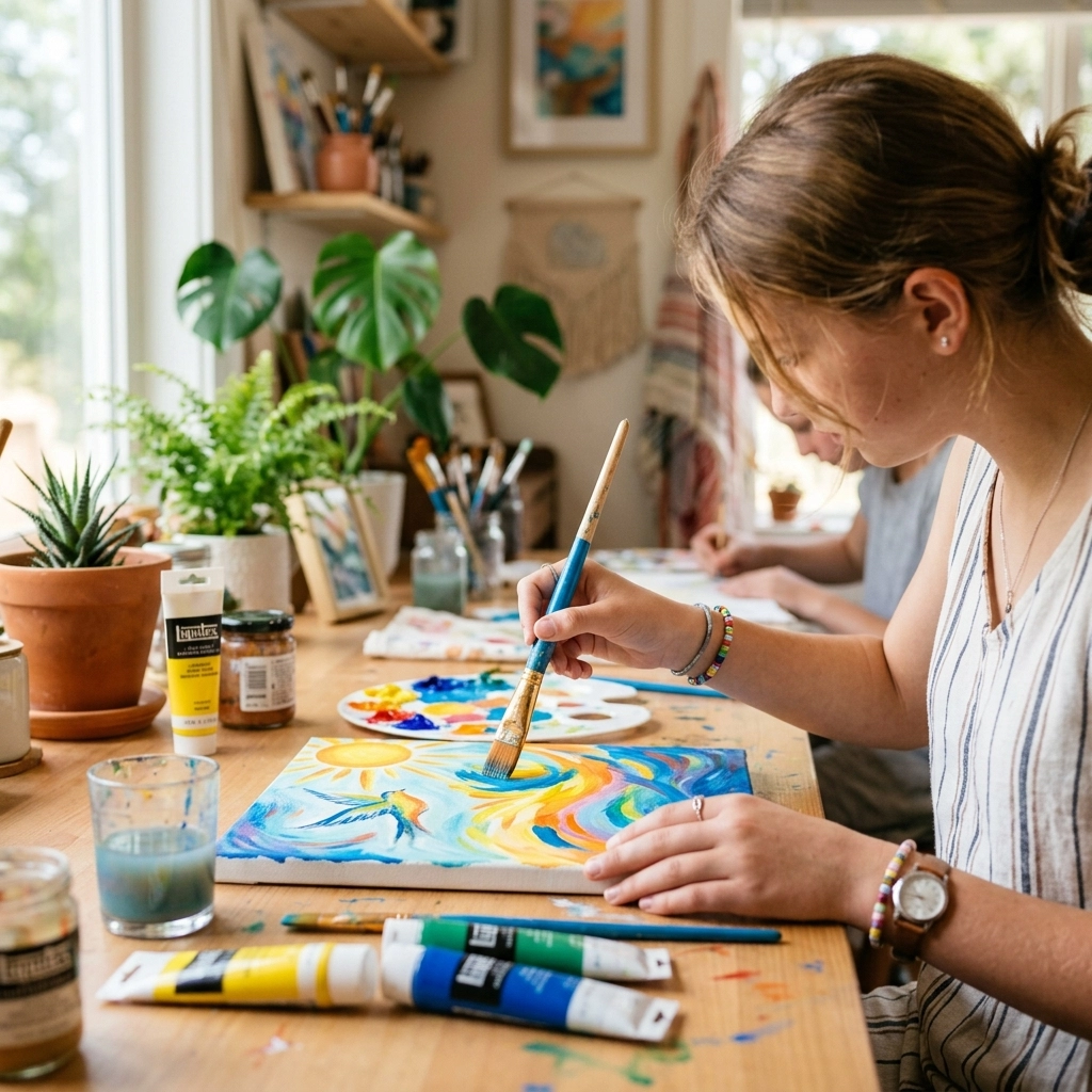A teenage girl practices art therapy for holistic well-being in a therapeutic group home for teens.
