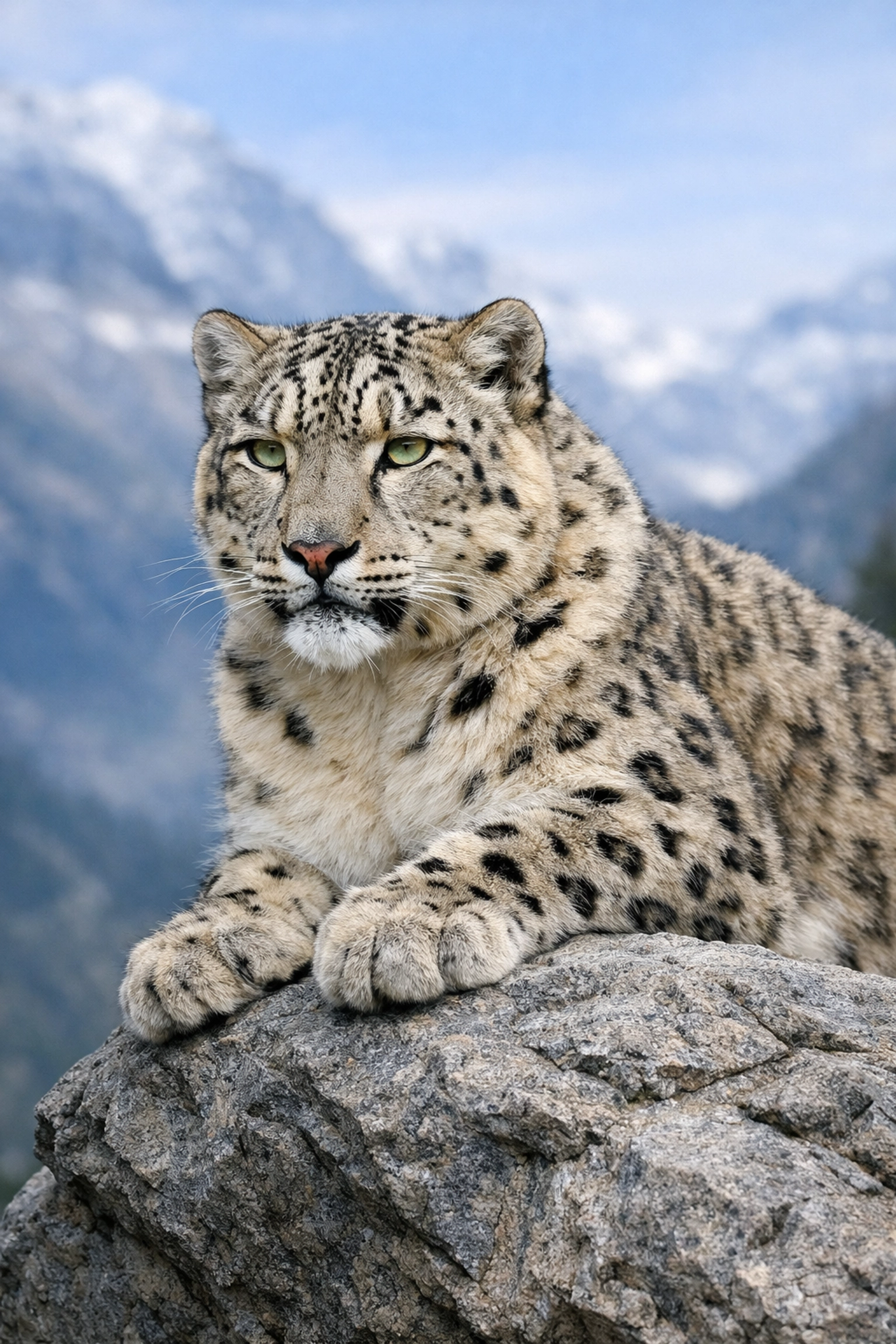 Majestic snow leopard on a rock for a high-quality sponsored species spotlight photo.