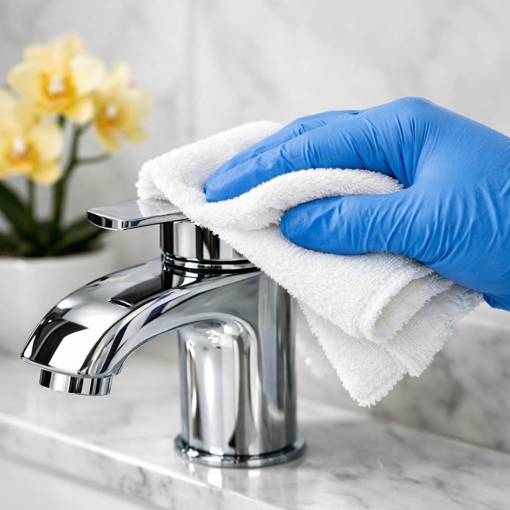 Professional cleaner polishing a chrome faucet during a weekly house cleaning visit in a Westford home.
