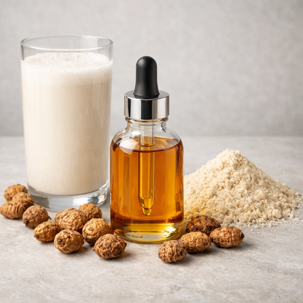 High-quality tiger nut oil, milk, and flour demonstrating plant-based sourcing and diverse industry uses.