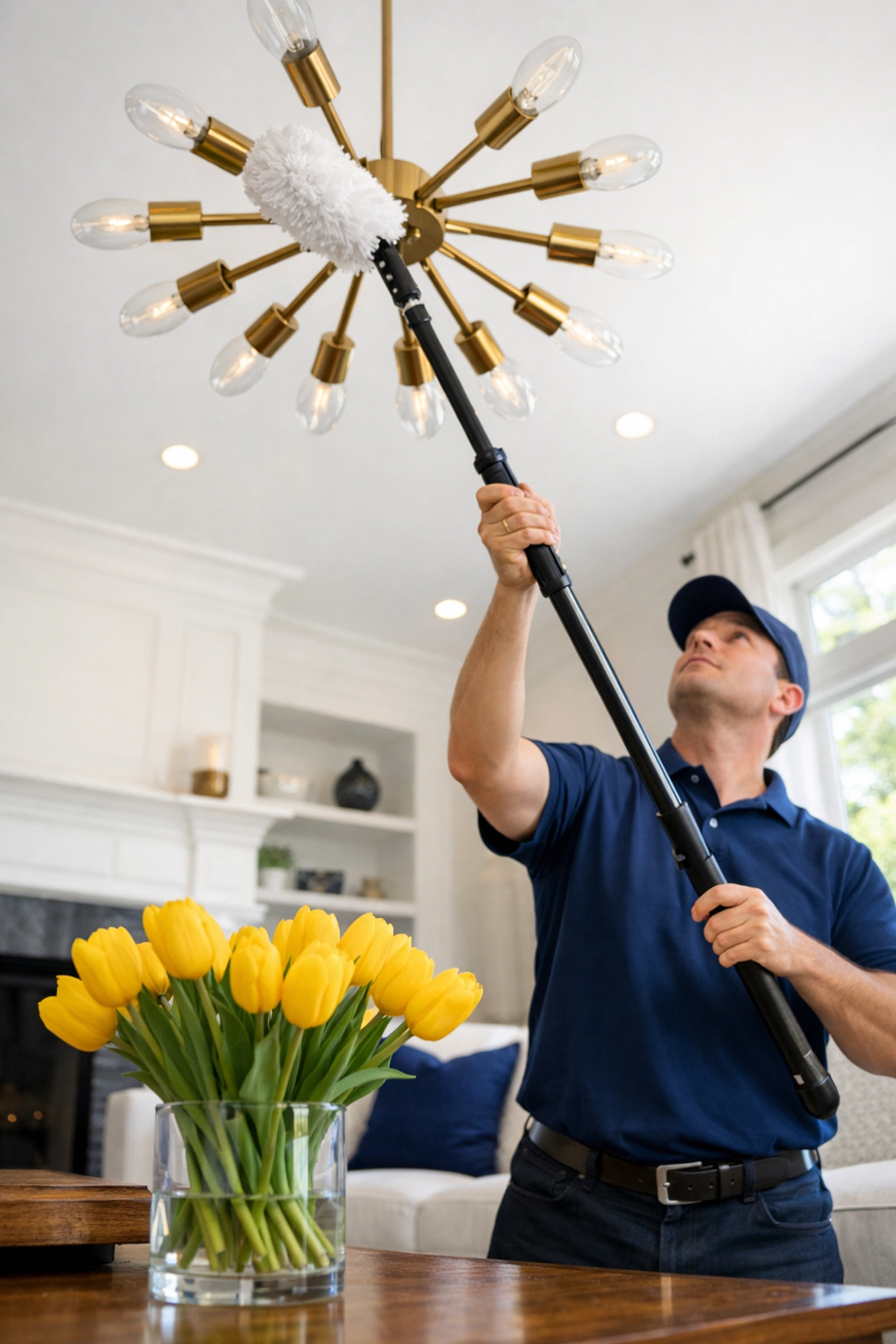 Professional spring cleaning in Acton MA with a high-end chandelier being meticulously dusted.