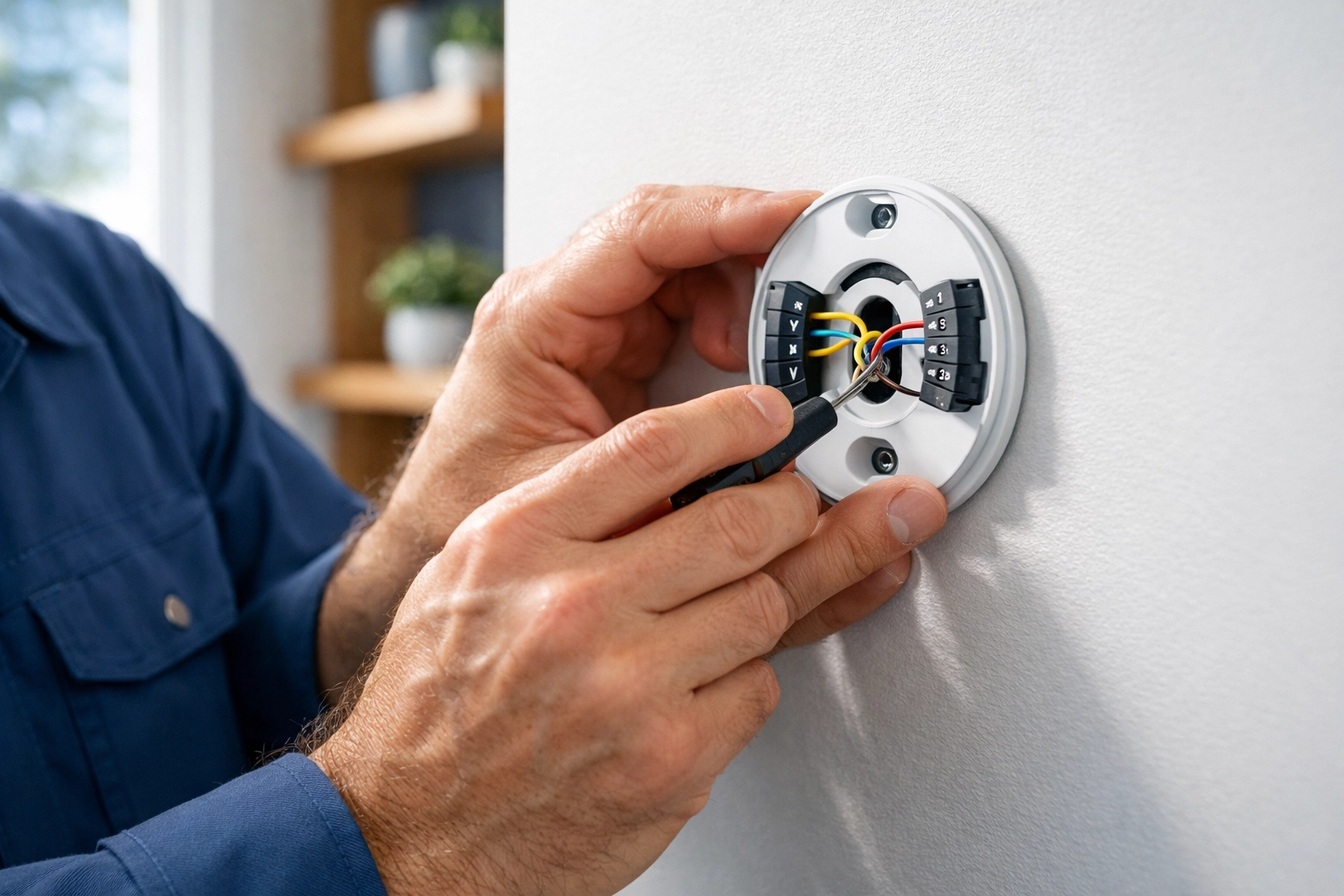Evolution Heating & Air Conditioning technician professionally installing a smart thermostat in a local home.