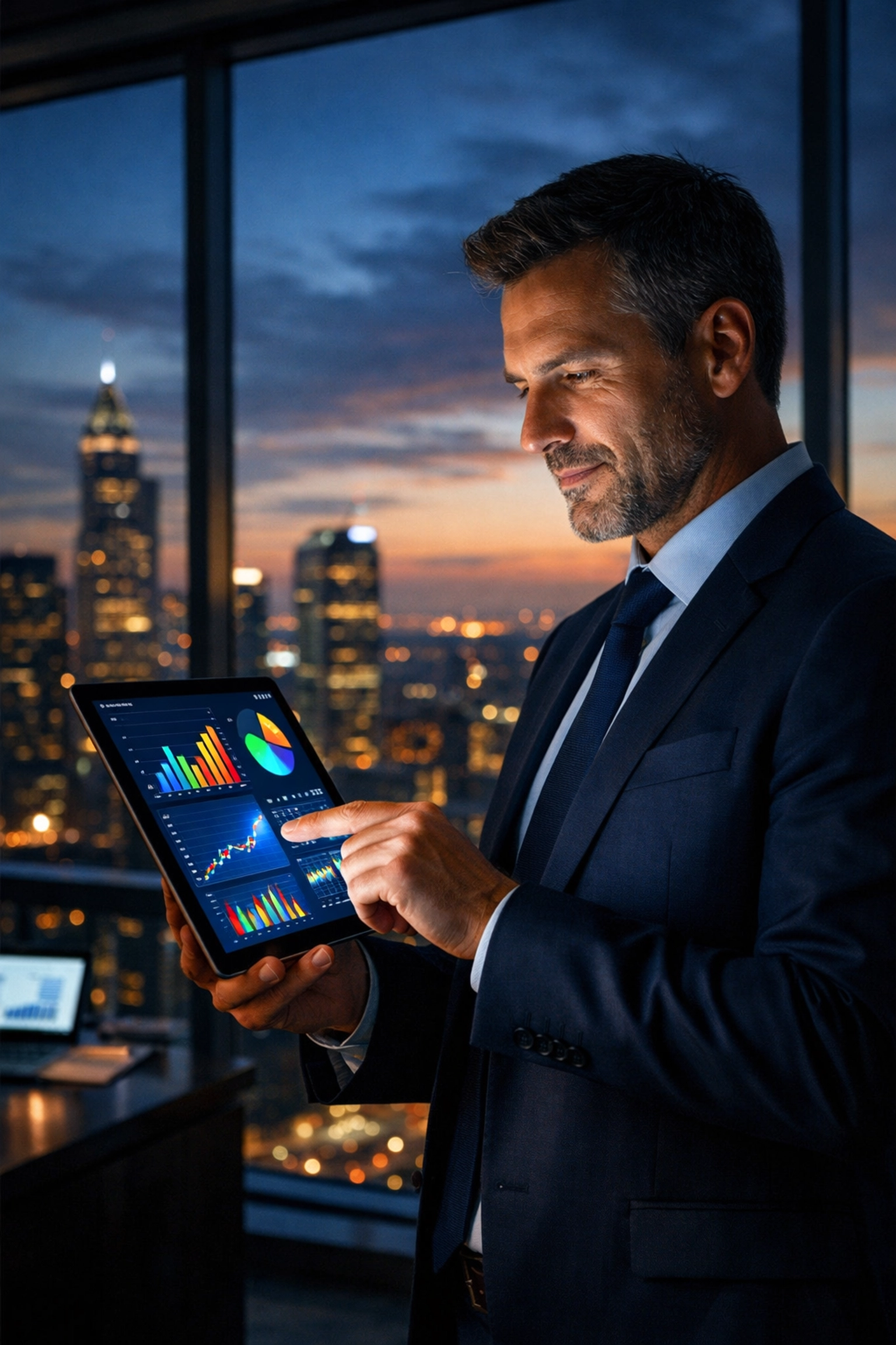 An executive reviewing data analytics dashboards to optimize workforce strategy and professional performance.