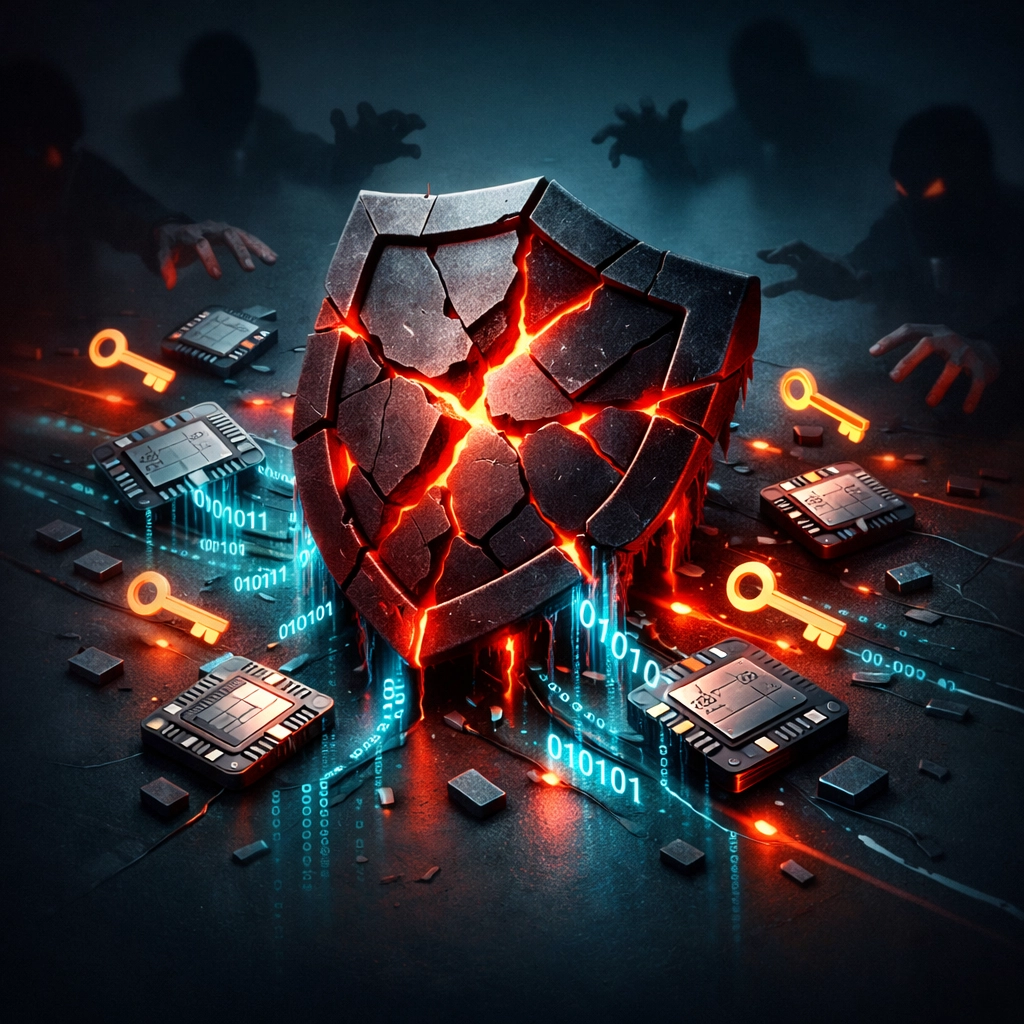 Broken security shield with stolen credentials and API keys representing data breach risks