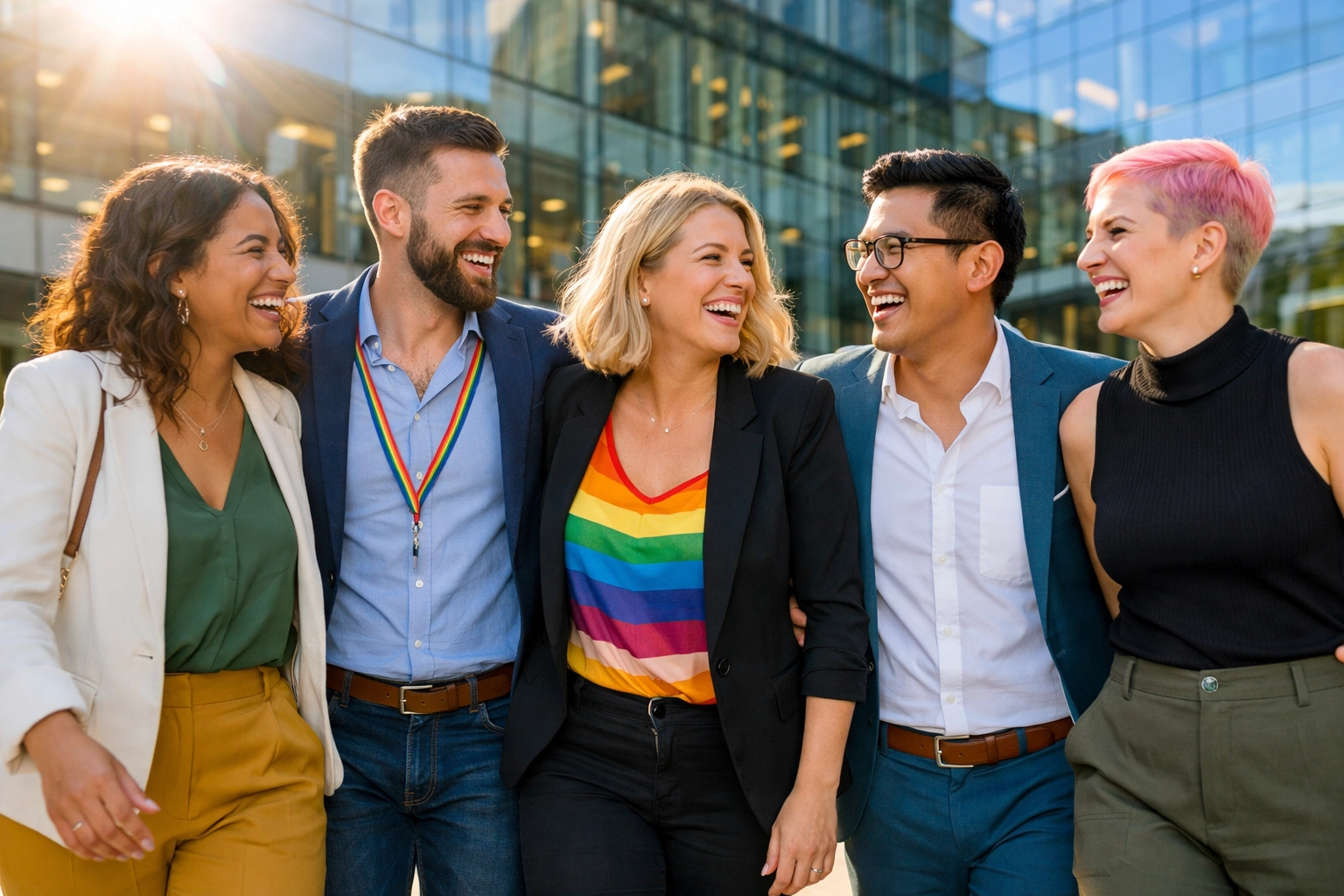 A diverse group of LGBTQ+ professionals walking together outside an office building, celebrating community success.