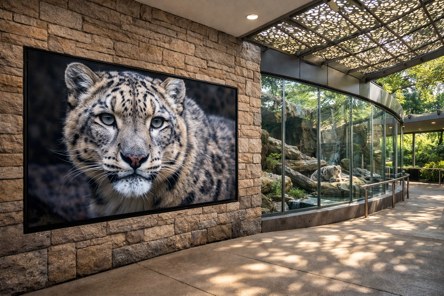 Smart zoo display showing a high-definition snow leopard camera feed in a modern visitor exhibit.