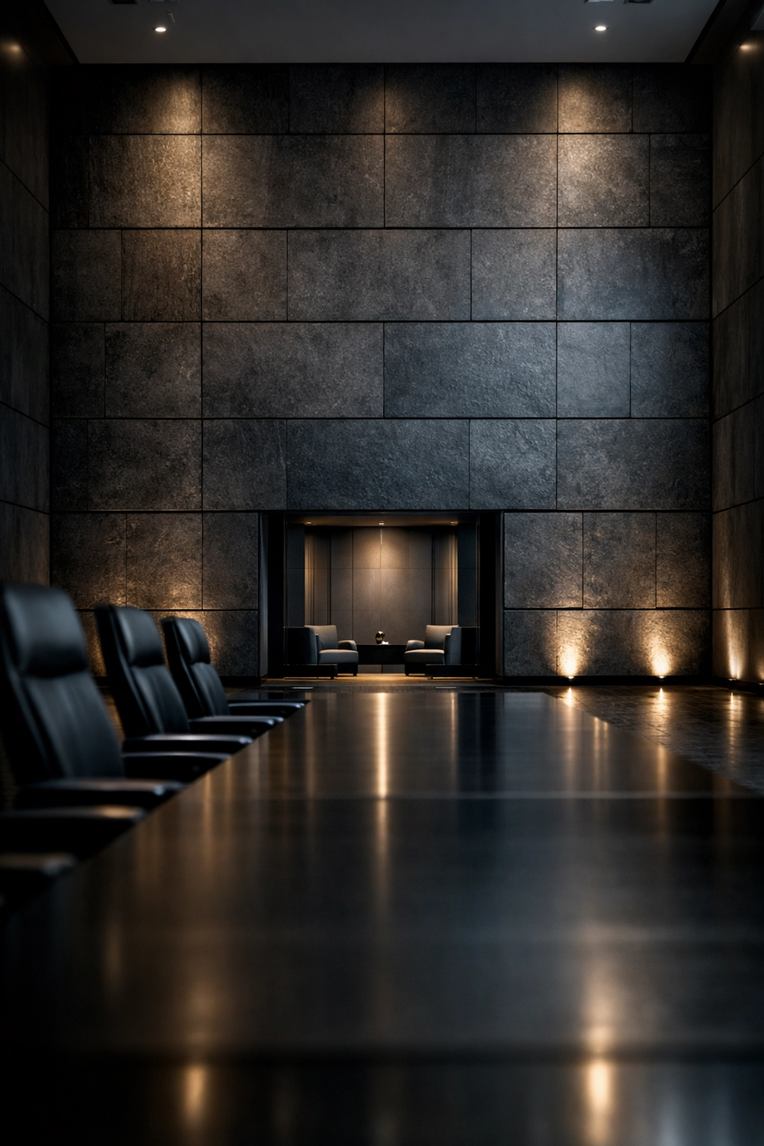 Panneaux de pierre architecturale gris anthracite de la marque ECO-FLEXI MCM de Flexible Natural Stone™ par Angkop Corp dans une salle de conférence.