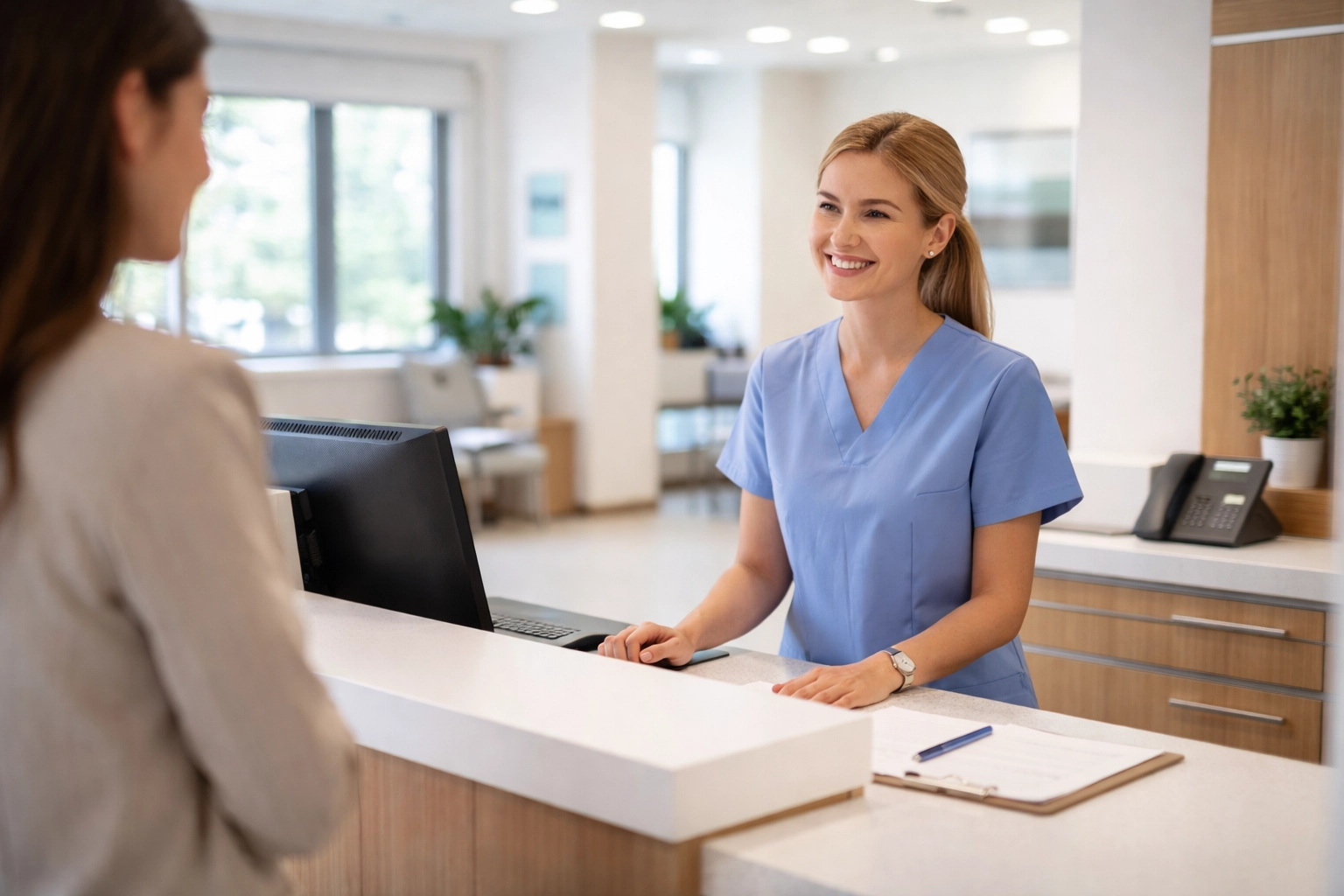 Receptionist welcoming a patient at a modern medical clinic front desk, highlighting efficient patient flow