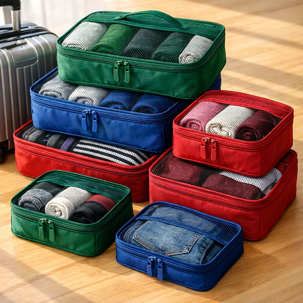Colorful packing cubes for organized carry-on luggage travel