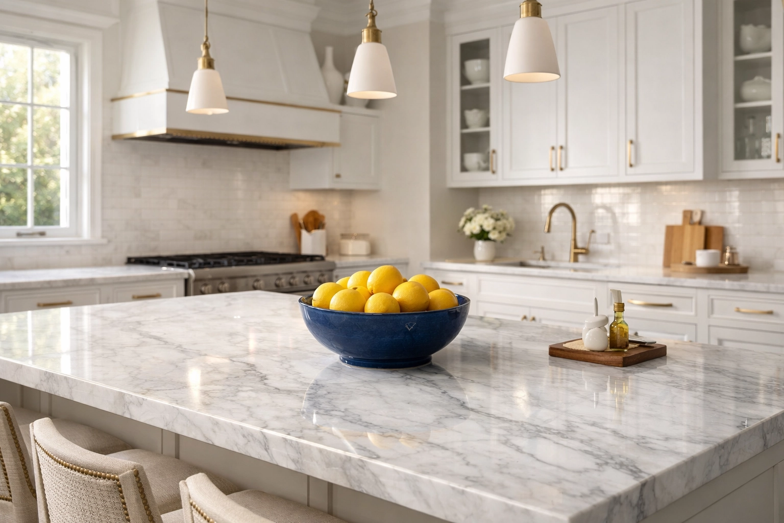 Polished Dover kitchen featuring Carrara marble after professional residential cleaning Massachusetts.