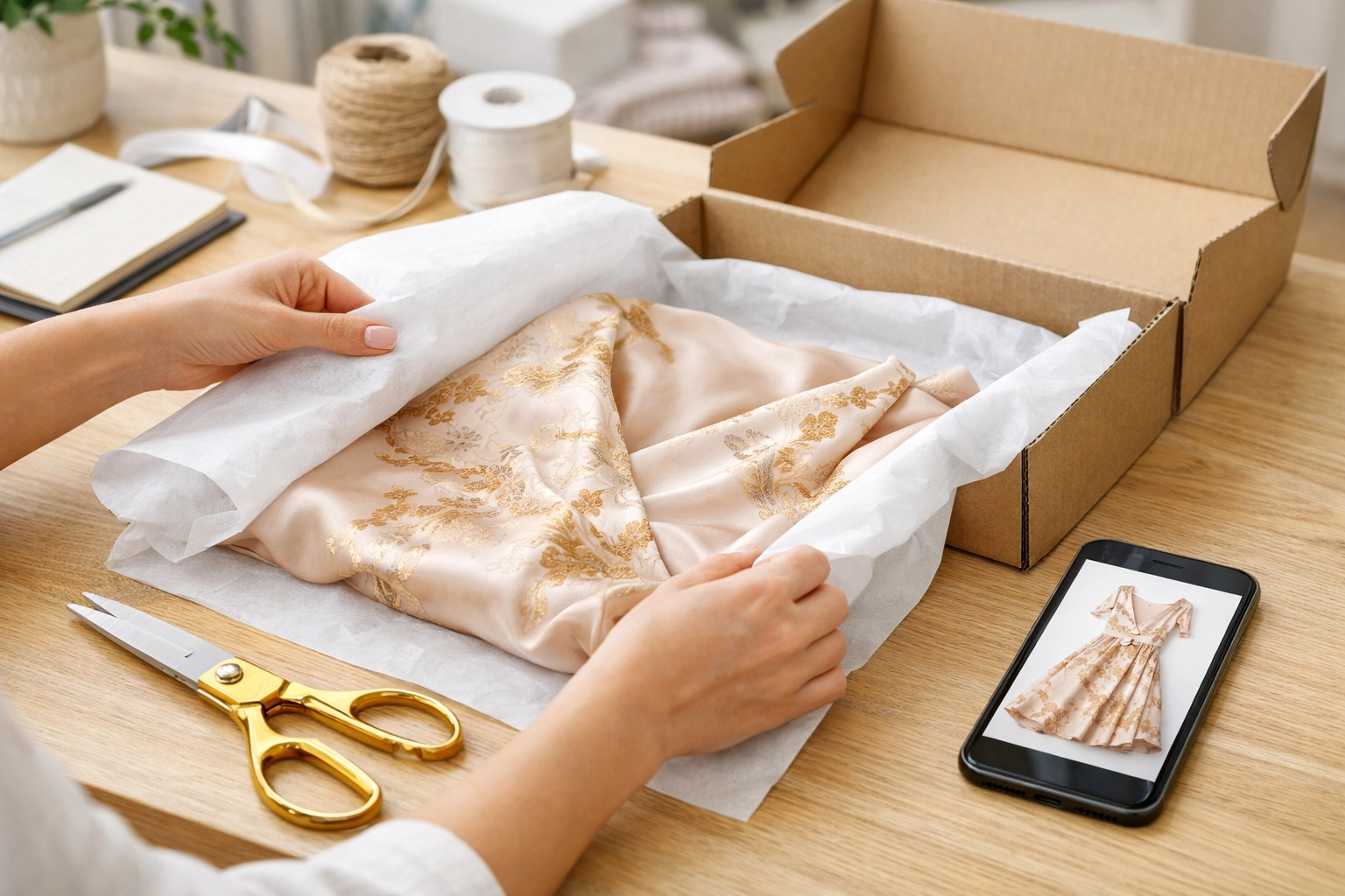 Reseller inventory management: carefully packaging a delicate silk slip dress for shipping.