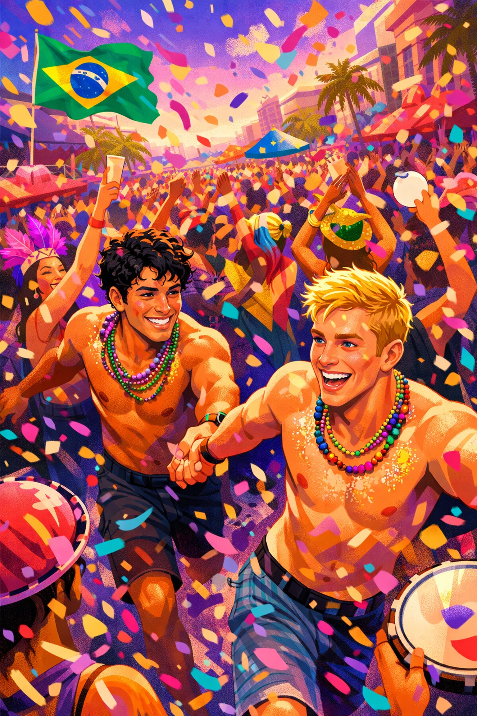 Gay romance at Rio Carnival street party as two men connect through vibrant crowds and confetti
