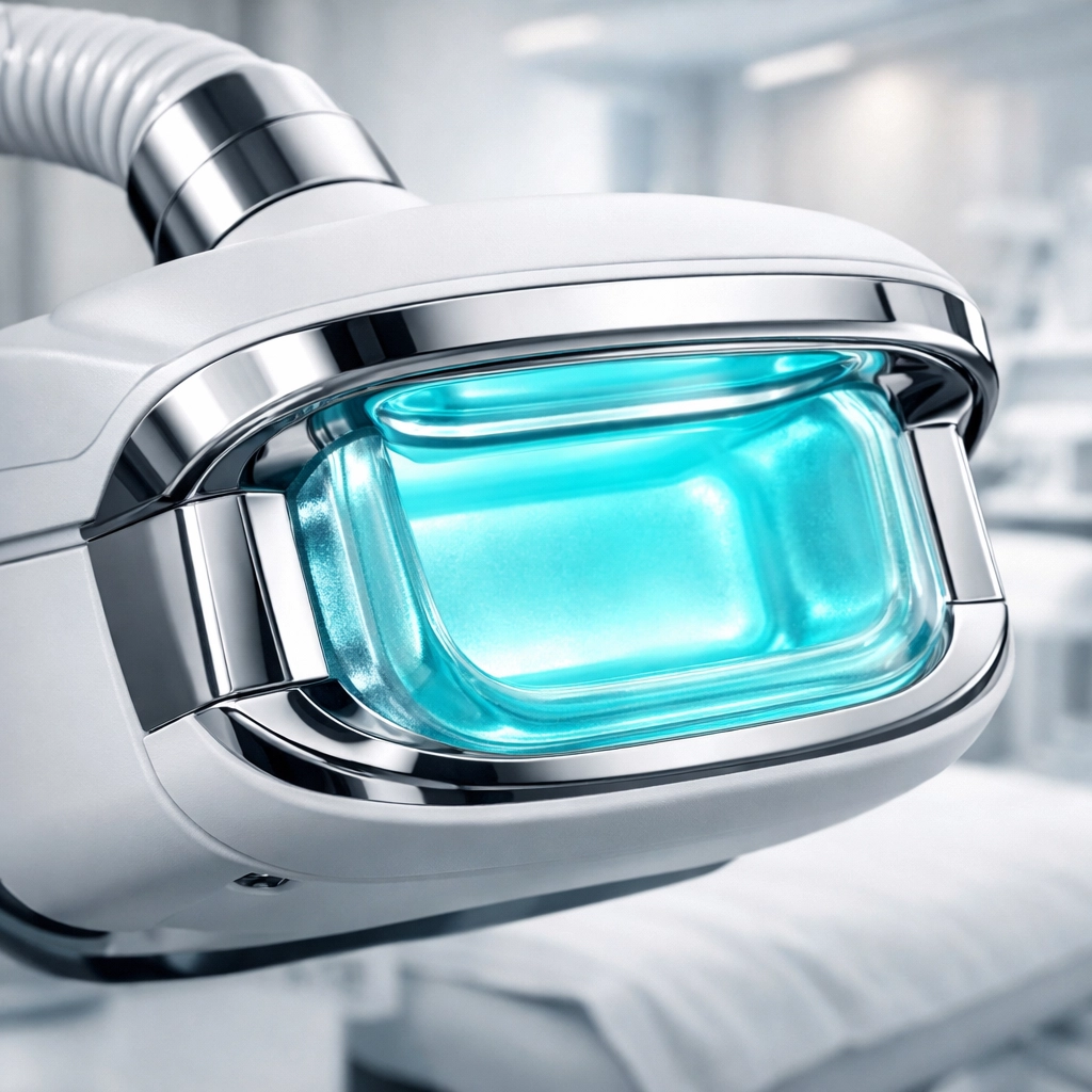 Close-up of a medical-grade cryolipolysis applicator head used for fat freezing treatments at a professional clinic.
