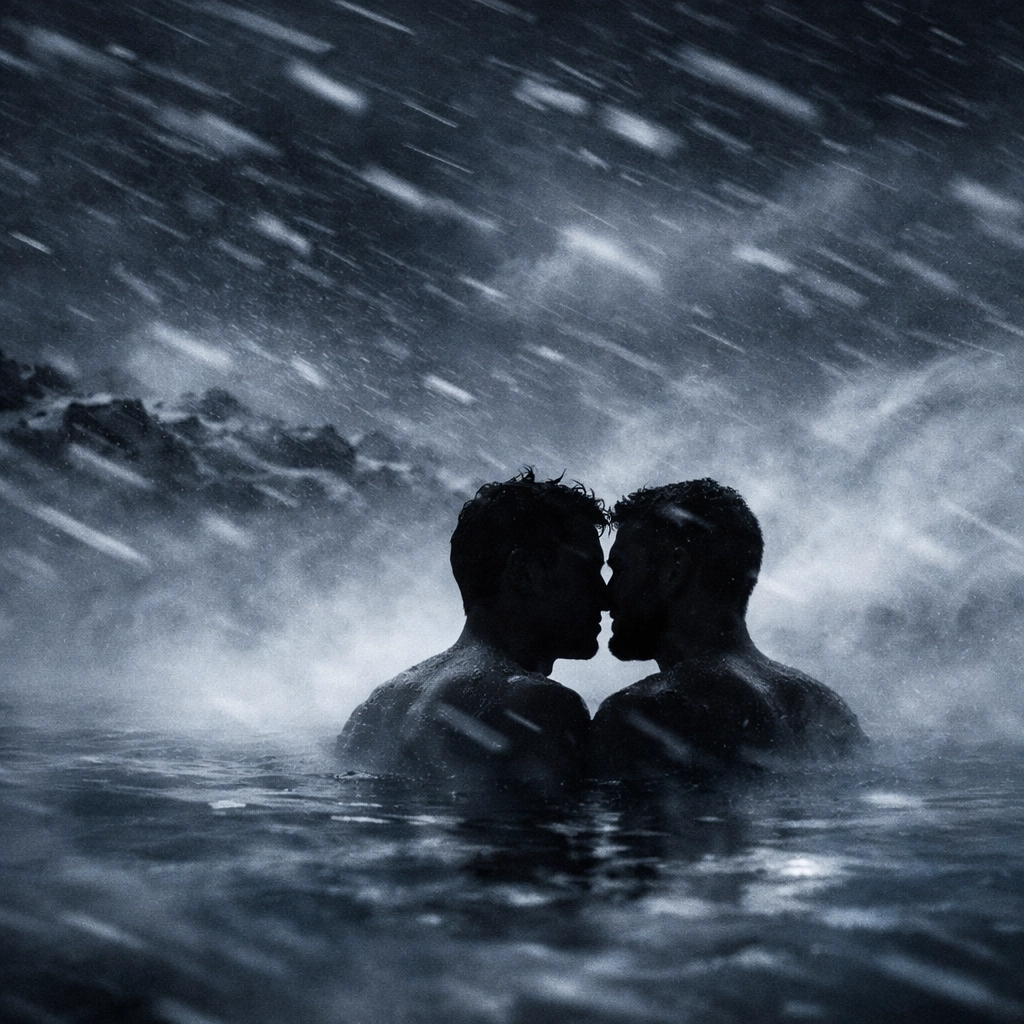 Gay couple sharing vulnerable coming out moment in Reykjavik pool during storm