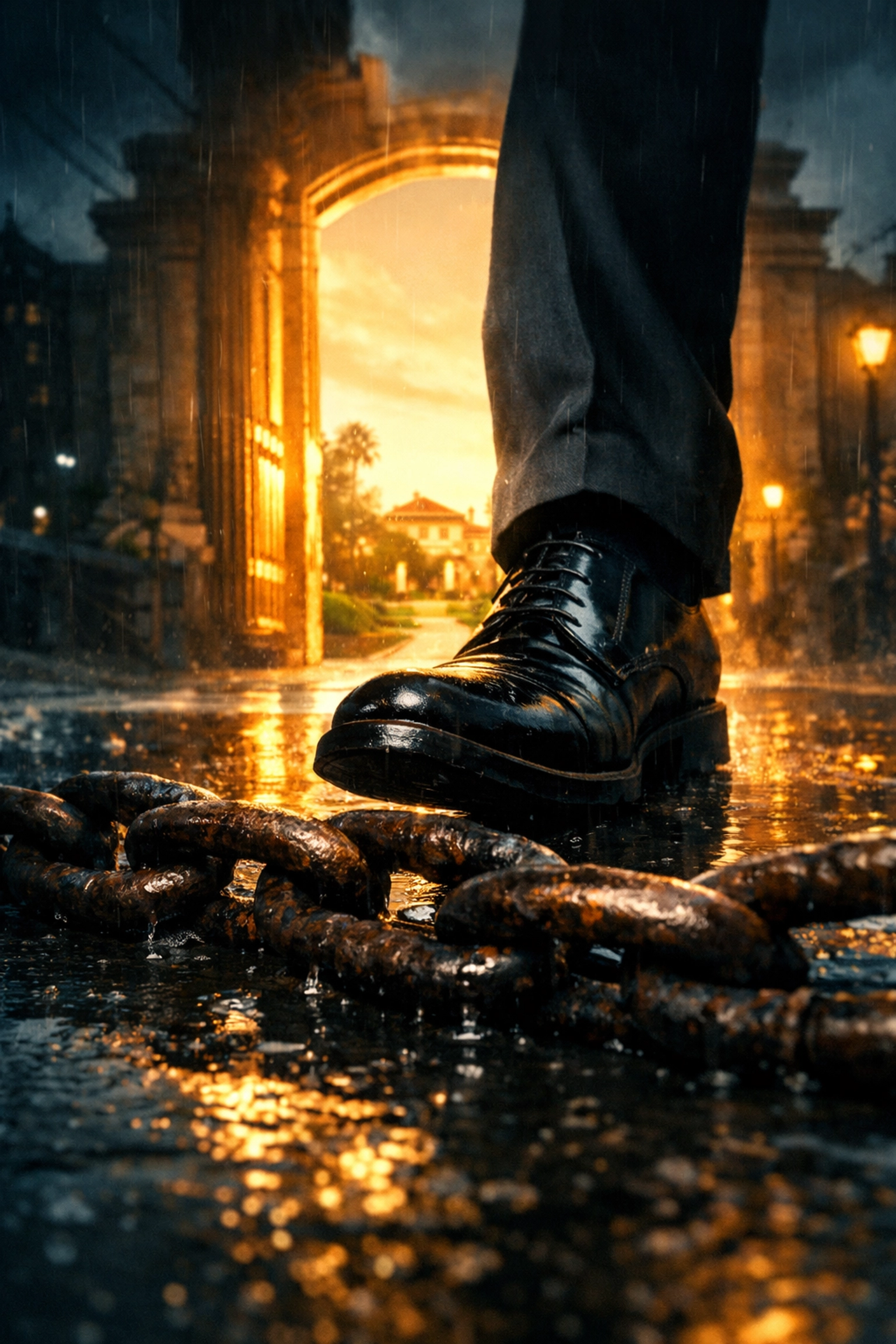 A person stepping over a rusted chain toward a golden estate, representing the move into the private sector.