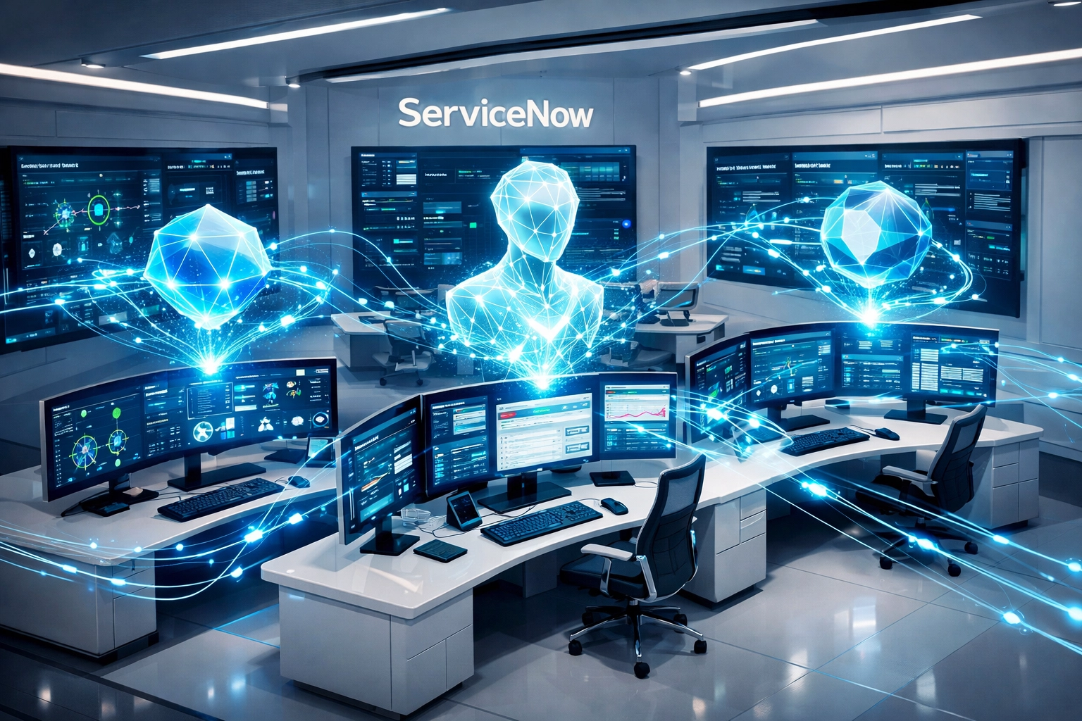 ServiceNow Agentic AI command center displaying ITOM dashboards and automated incident workflows
